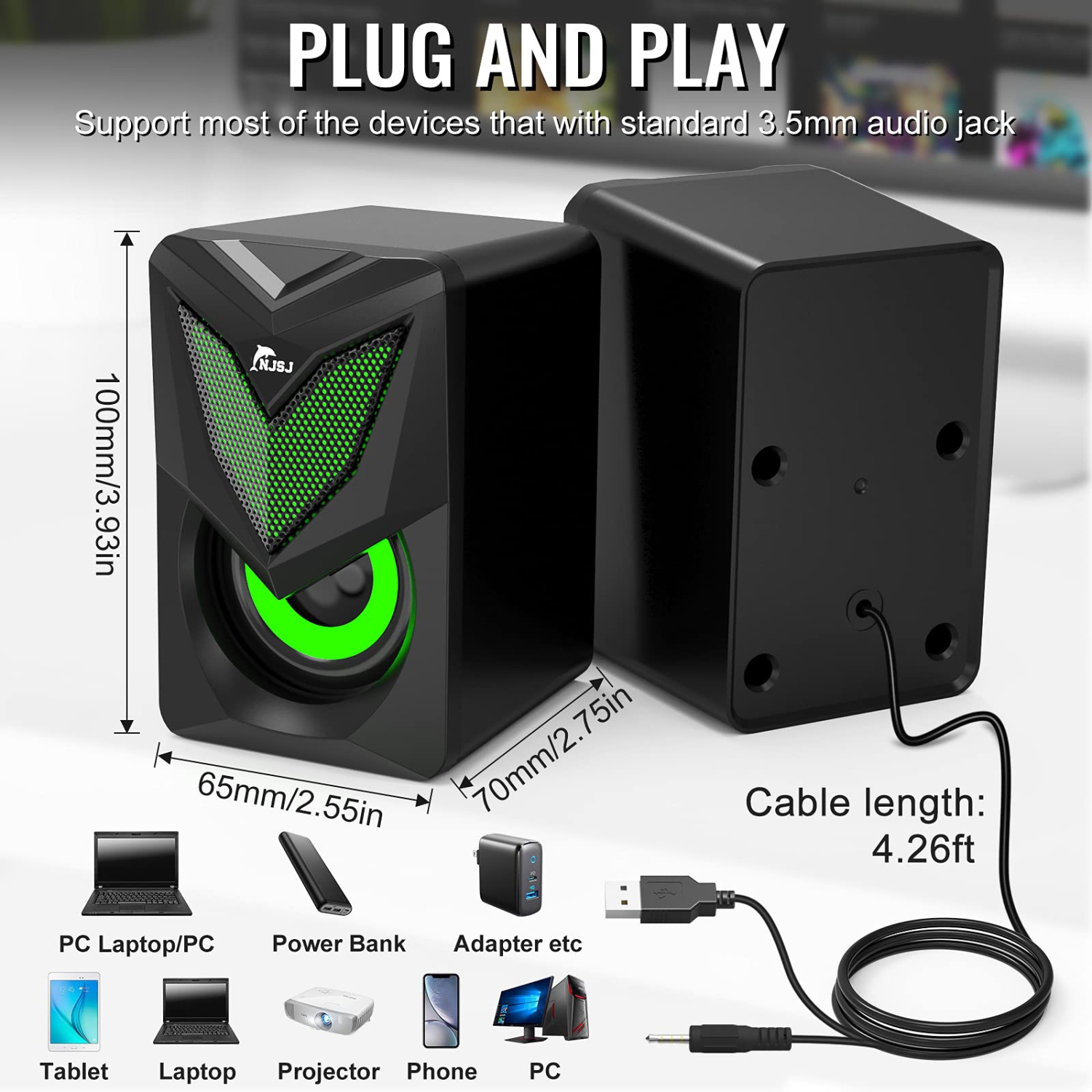 NJSJ Computer Speakers, 2.0 USB-Powered Speaker for Desktop, Portable Wired PC Speakers with LED Light Volume Control 3.5mm