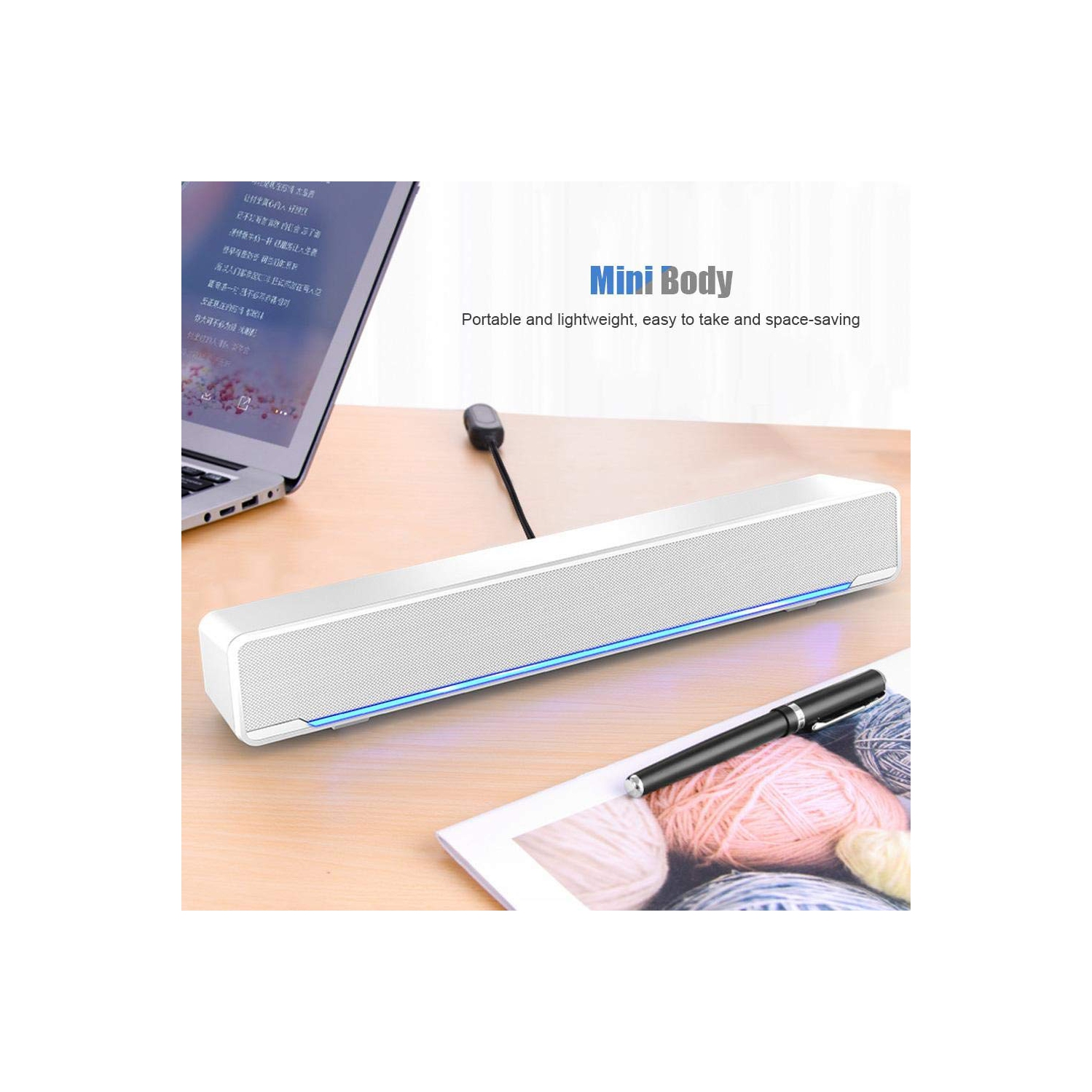 Barre de son pour PC, haut-parleur d’ordinateur USB avec fil avec prise auxiliaire 3,5 mm, haut-parleur d’extrêmes graves stéréo portatif pour