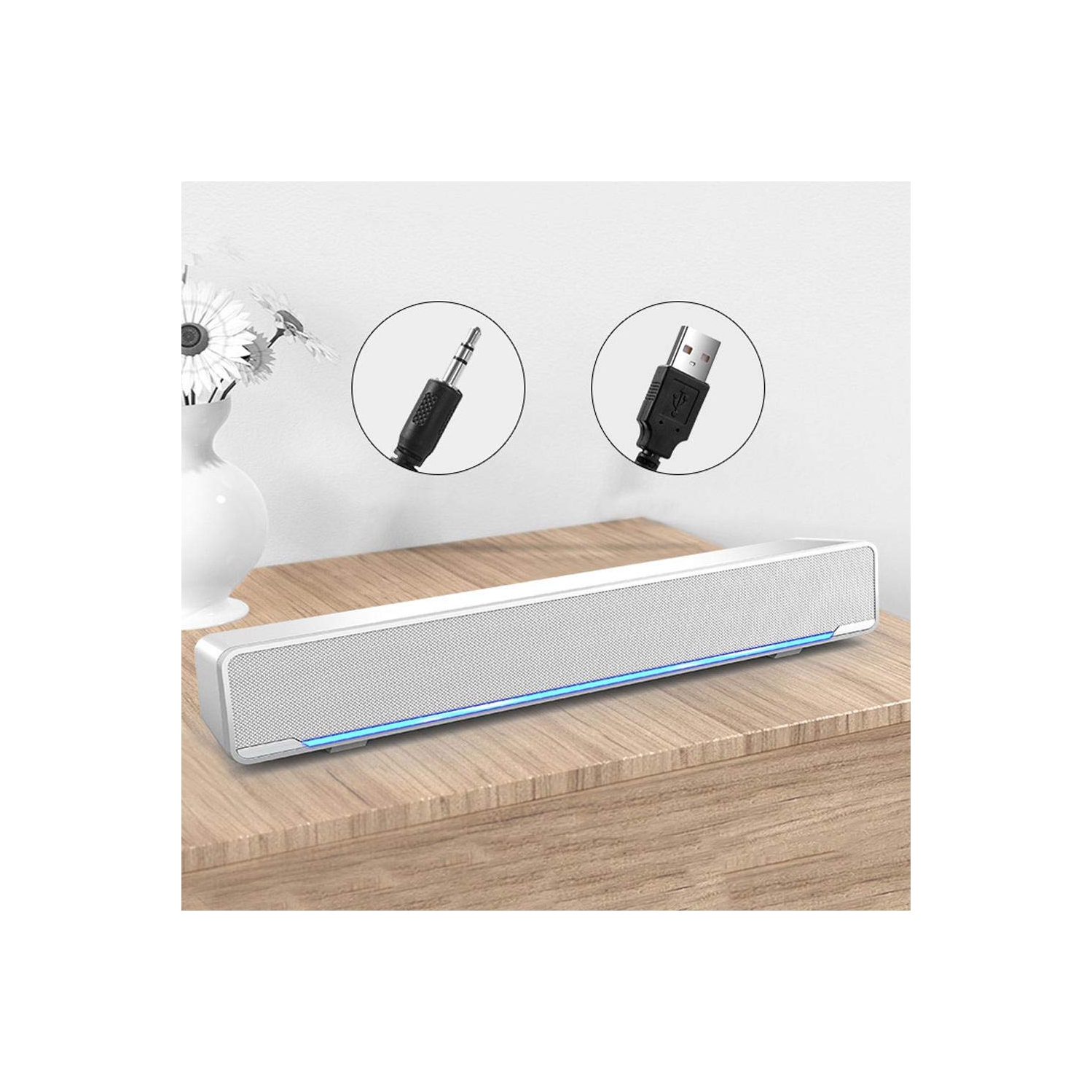 Barre de son pour PC, haut-parleur d’ordinateur USB avec fil avec prise auxiliaire 3,5 mm, haut-parleur d’extrêmes graves stéréo portatif pour