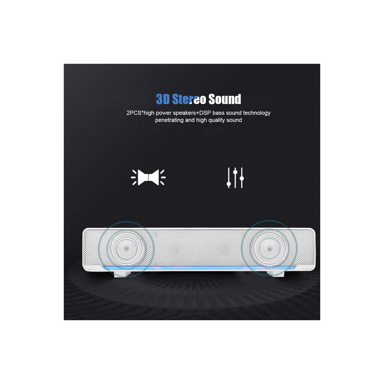 Barre de son pour PC, haut-parleur d’ordinateur USB avec fil avec prise auxiliaire 3,5 mm, haut-parleur d’extrêmes graves stéréo portatif pour