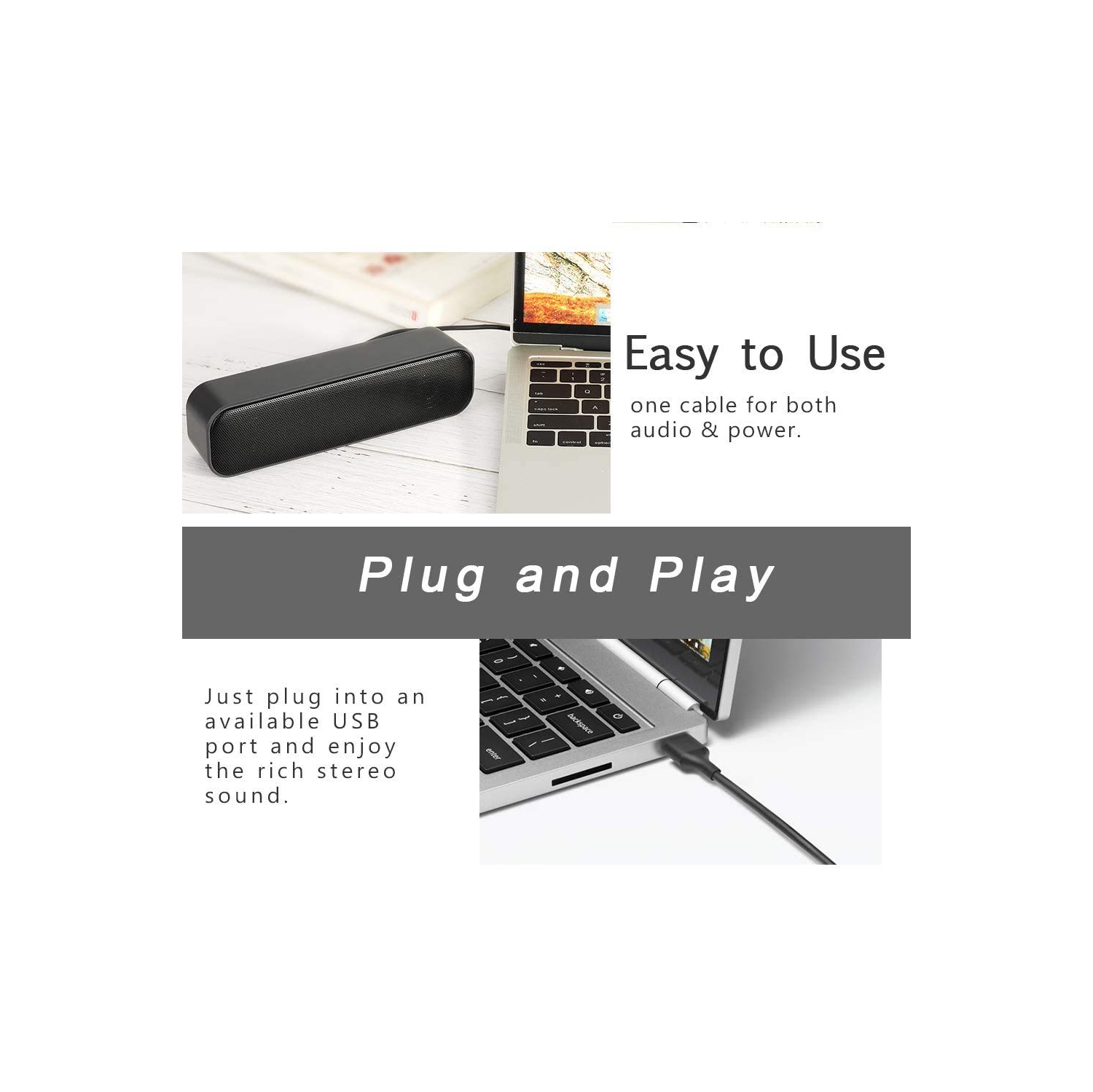 HONKOB haut-parleurs USB pour ordinateur portatif, haut-parleurs avec fil USB, Mini barre de son portative pour PC Windows, ordinateur de bureau C.