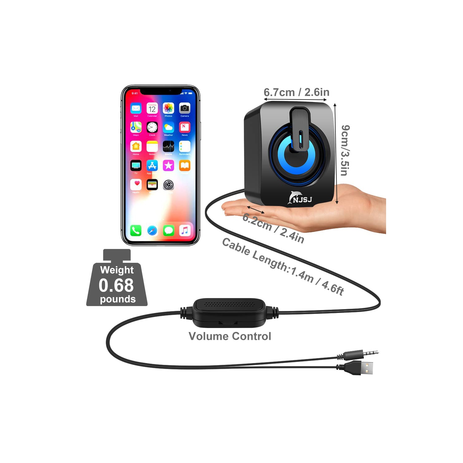 Haut-parleurs d’ordinateur, NJSJ A2 2.0 Mini haut-parleur de bureau avec fil, alimenté par USB, entrée auxiliaire de 3.5 mm, commande de volume,