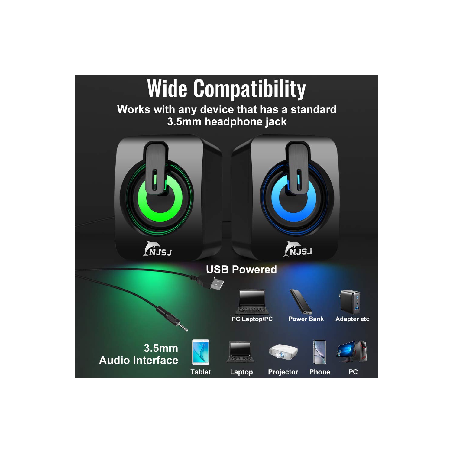 Haut-parleurs d’ordinateur, NJSJ A2 2.0 Mini haut-parleur de bureau avec fil, alimenté par USB, entrée auxiliaire de 3.5 mm, commande de volume,