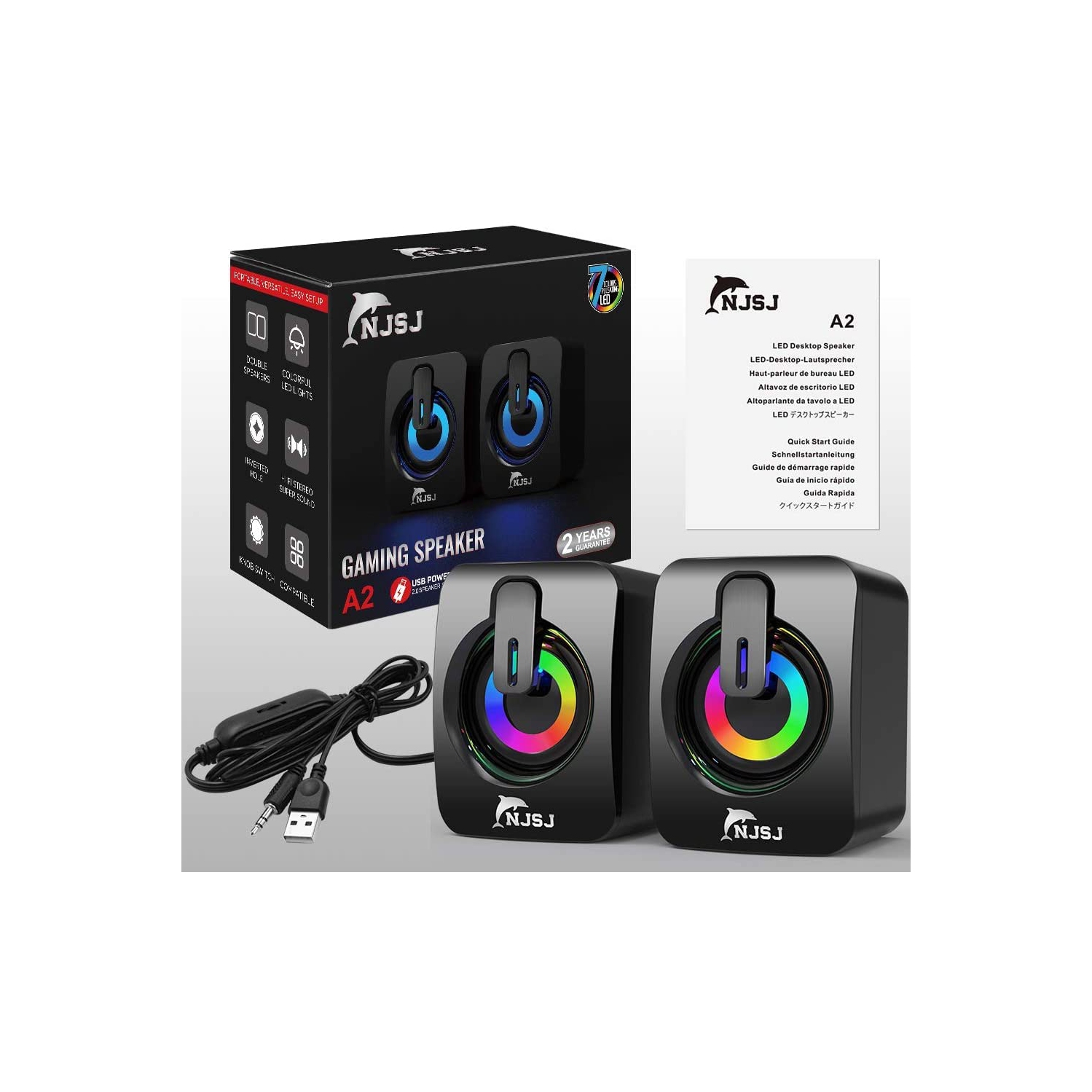 Haut-parleurs d’ordinateur, NJSJ A2 2.0 Mini haut-parleur de bureau avec fil, alimenté par USB, entrée auxiliaire de 3.5 mm, commande de volume,