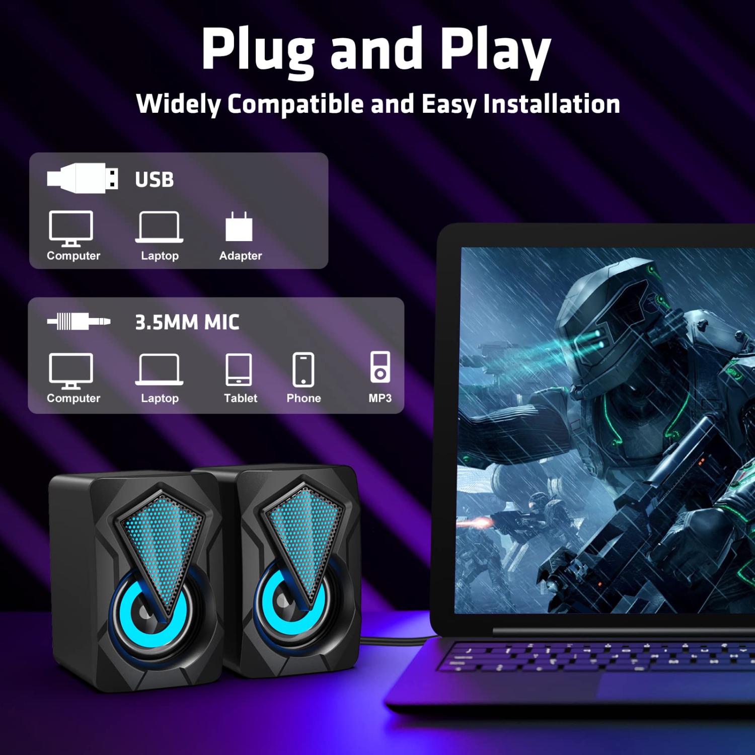 Haut-parleurs d’ordinateur, 2.0 haut-parleurs de jeu alimentés par USB avec commande de volume, éclairage RVB, petite enceinte stéréo avec entrée