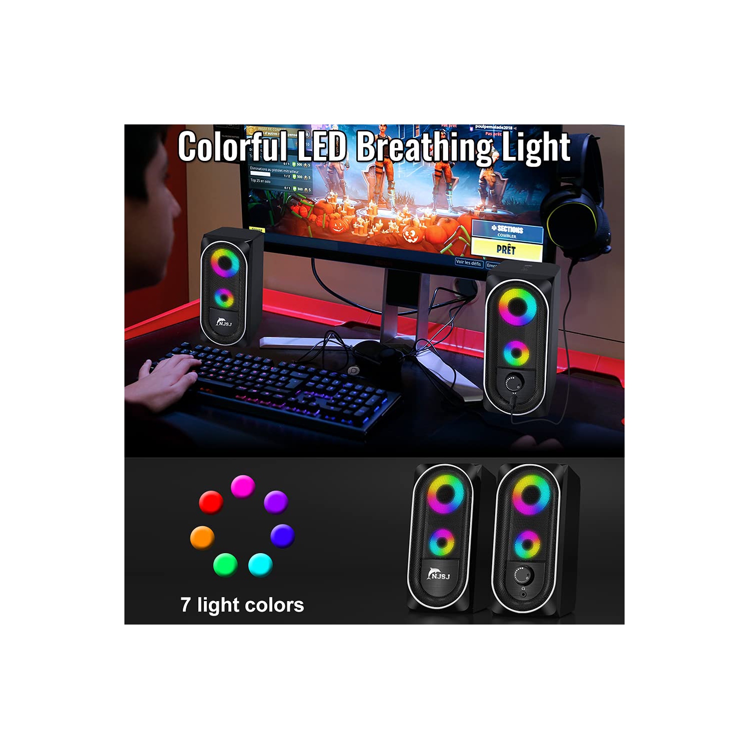NJSJ Computer Speakers, 2.0 USB Powered RGB Gaming Speakers,10W Stereo Bass Desktop Speaker with Colorful LED Light, 3.5mm A