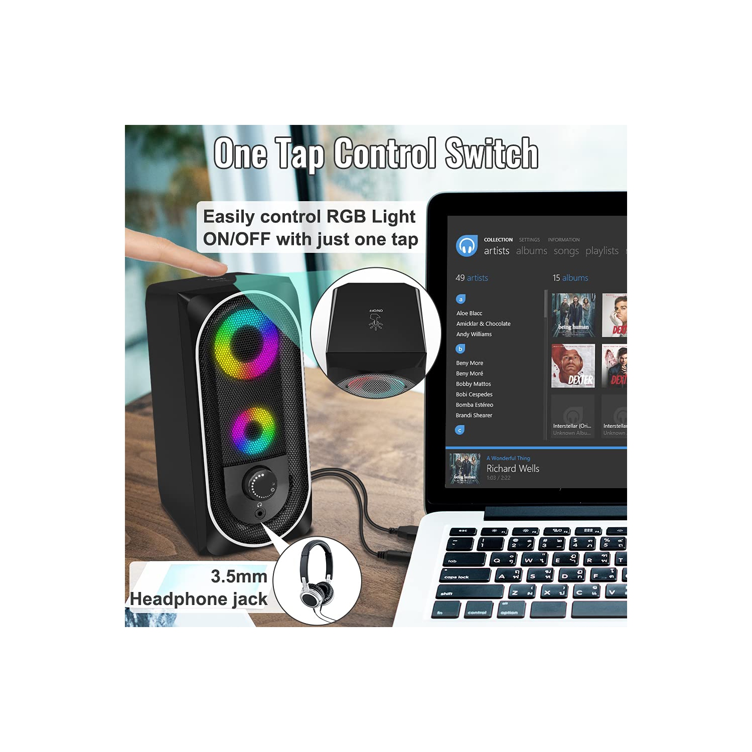 NJSJ Computer Speakers, 2.0 USB Powered RGB Gaming Speakers,10W Stereo Bass Desktop Speaker with Colorful LED Light, 3.5mm A