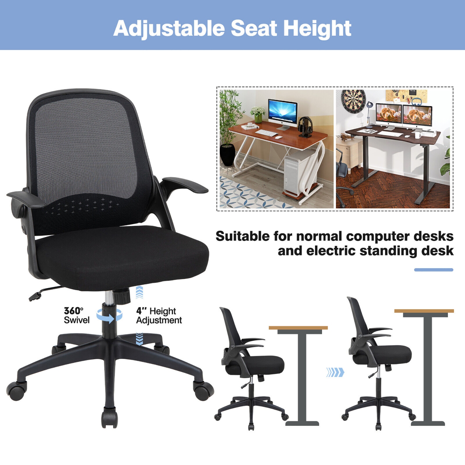 Costway Mesh Office Chair Adjustable Rolling Computer Desk Chair w/Flip-up Armrest