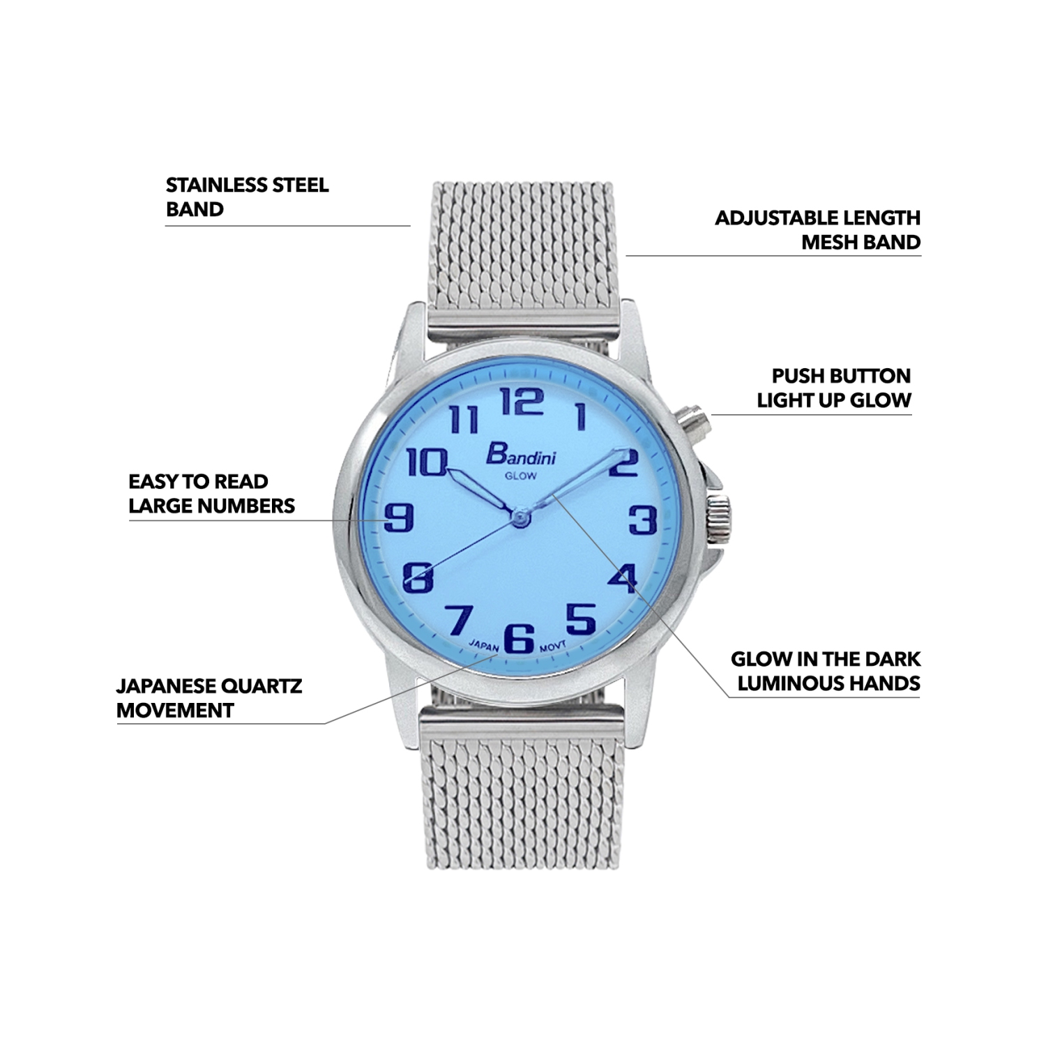 Womens 28mm Analog Silver Tone Mesh Light Up Glow Watch, Stainless Steel Metal Adjustable Band, Quartz, White Dial, Large Easy Read Numbers