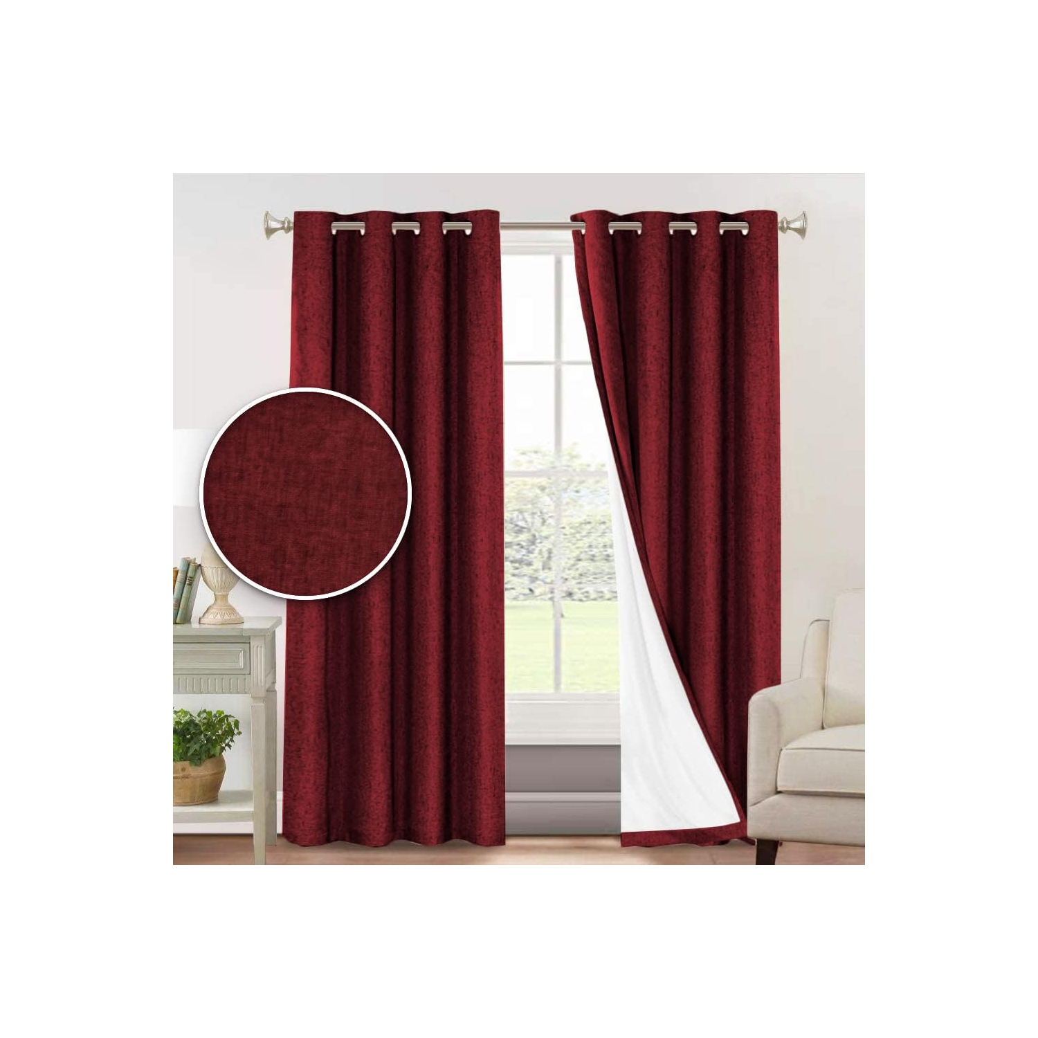 Canadian Linen Faux Linen Textured Blackout Window Curtain, W 52" x L 84", Long Thermal Insulated Burlap Effect Linen Curtain Grommet Top, Red