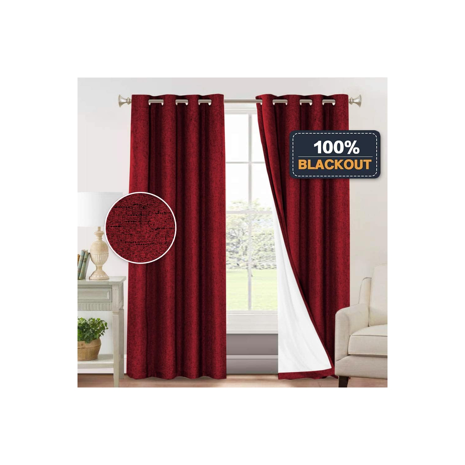 Canadian Linen Faux Linen Textured Blackout Window Curtain, W 52" x L 84", Long Thermal Insulated Burlap Effect Linen Curtain Grommet Top, Red