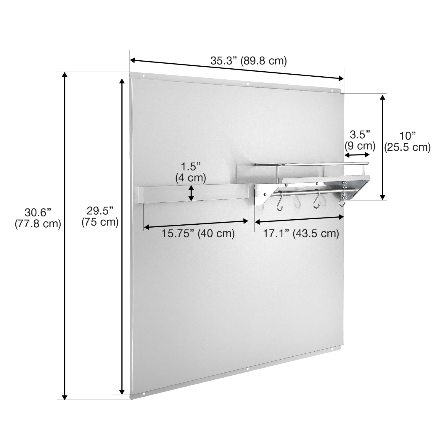 Ancona dosseret en acier inoxydable de 36" avec ruban magnétique pour couteaux et tablette avec rail à crochets