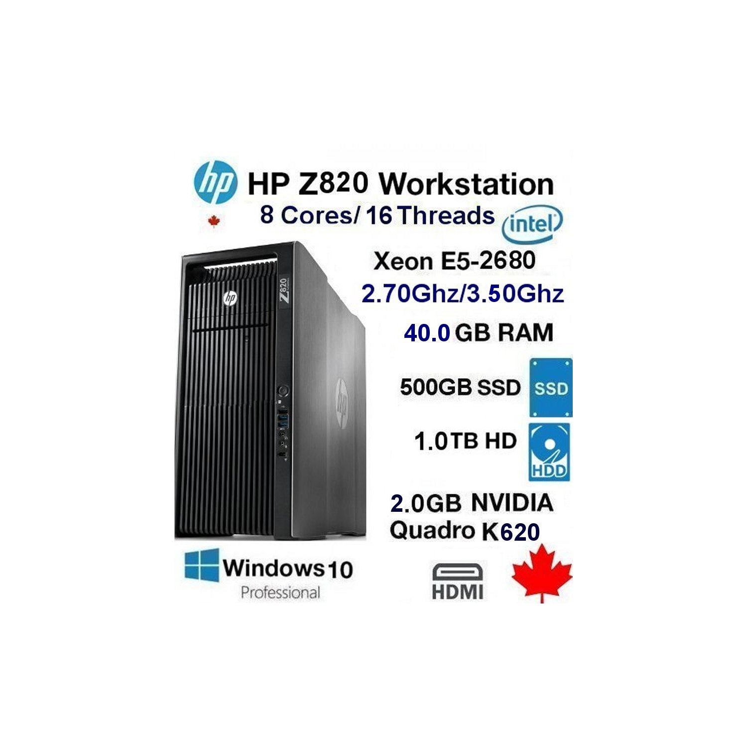 HP Z820 SSD Workstation PC (Fast 8-Core 2.70Ghz@3.50Ghz E5 Xeon) 40.0GB Ram Fast 500.0GB & 1.0TB SATA HD/2.0GB Nvidia Quadro. Win10-Refurb