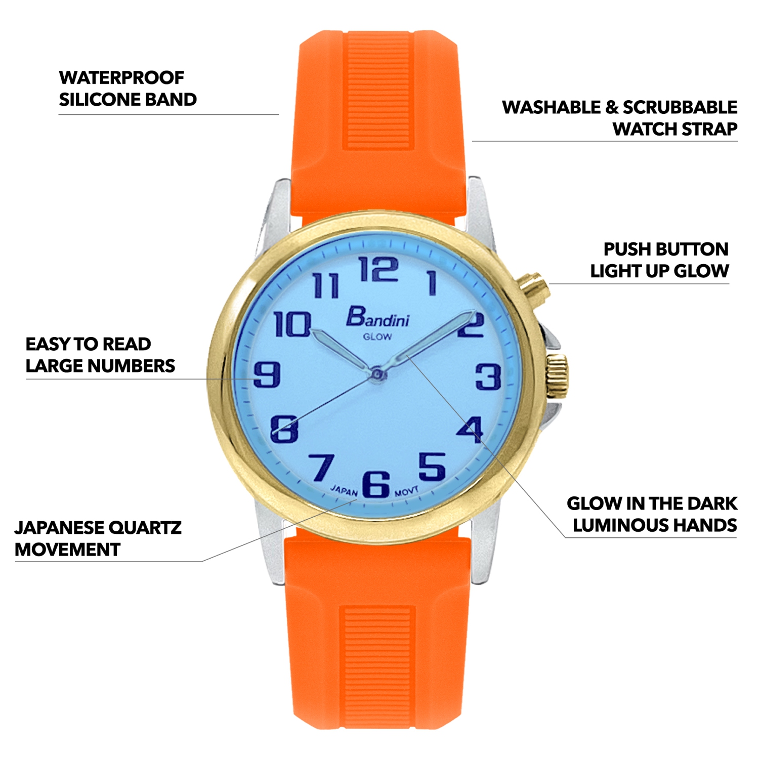 Mens Gold 38mm Analog Tone Glow Watch, Washable Silicone Band, Easy Read, Light Up, Quartz, White Dial, Big Numbers