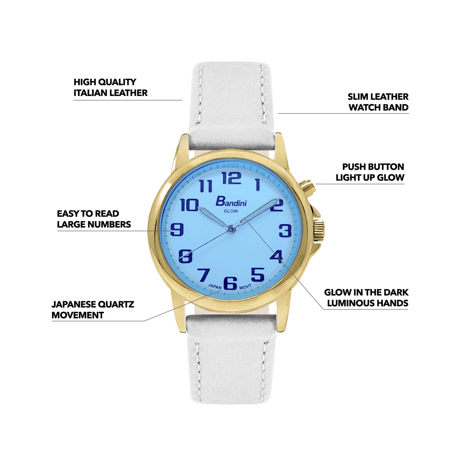 Montre de 28mm analogique pour femme, couleur or, bracelet en cuir, cadran blanc lumineux, facile à lire avec gros chiffres, éclairage de nuit, quartz