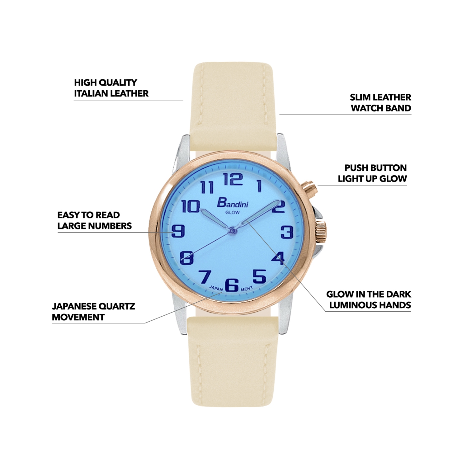 Womens Rose Gold Tone Glow Watch, Leather Band, 28mm Analog Easy to Read with Big Numbers, Light Up, Quartz, White Dial