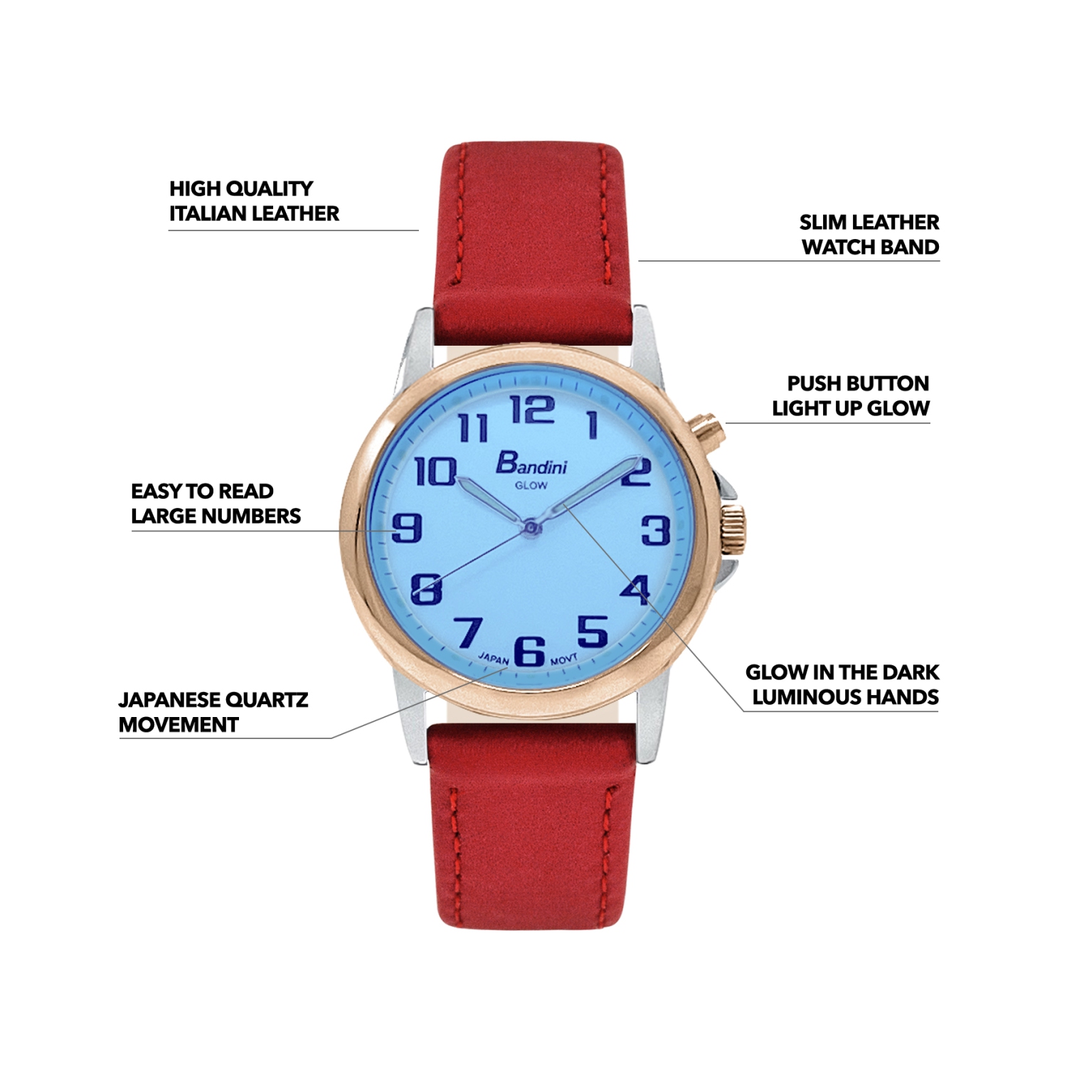 Womens Rose Gold Tone Glow Watch, Leather Band, 28mm Analog Easy to Read with Big Numbers, Light Up, Quartz, White Dial