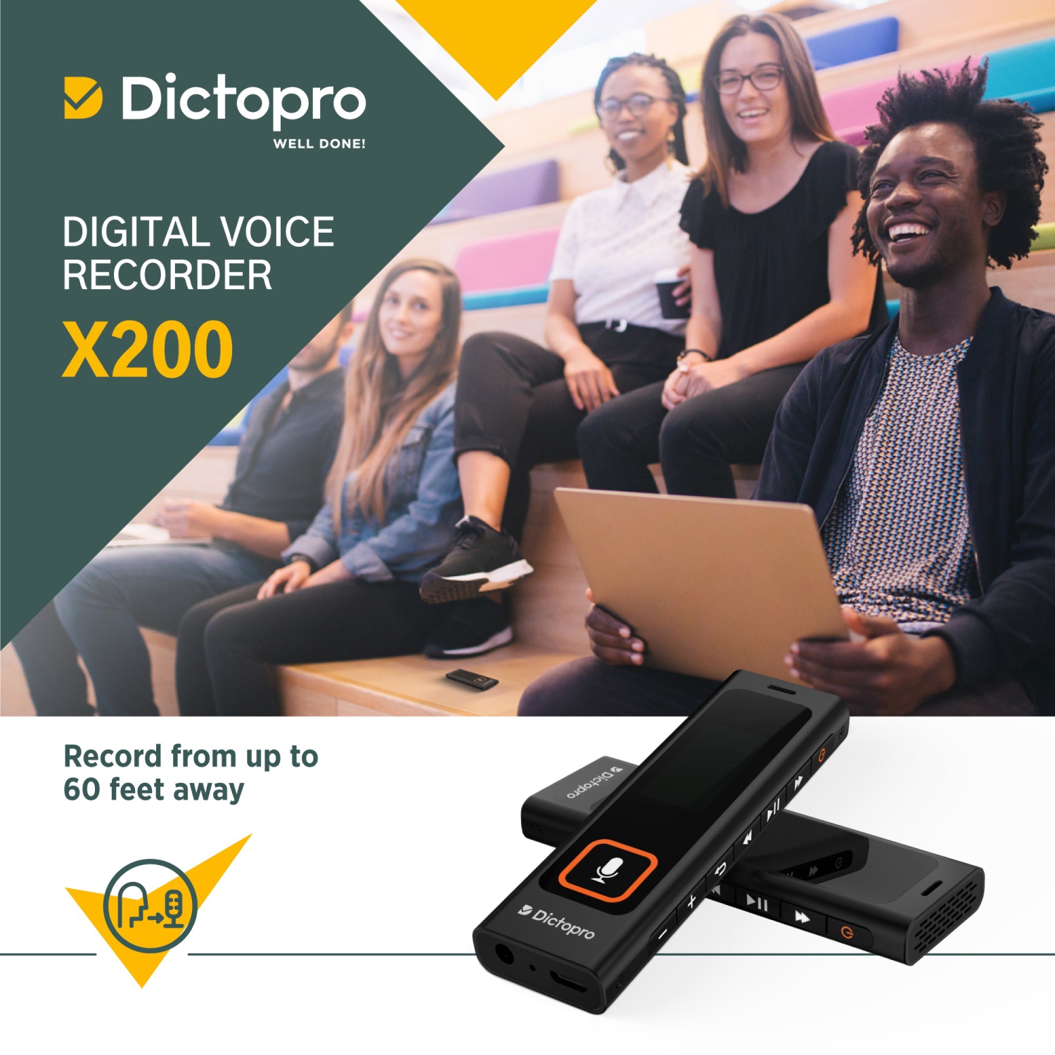 Digital Voice Activated Recorder w/Password Protection, HQ Recording from 60ft, Record Lectures, Sensitive Mic, Automatic Noise Reduction, 582H