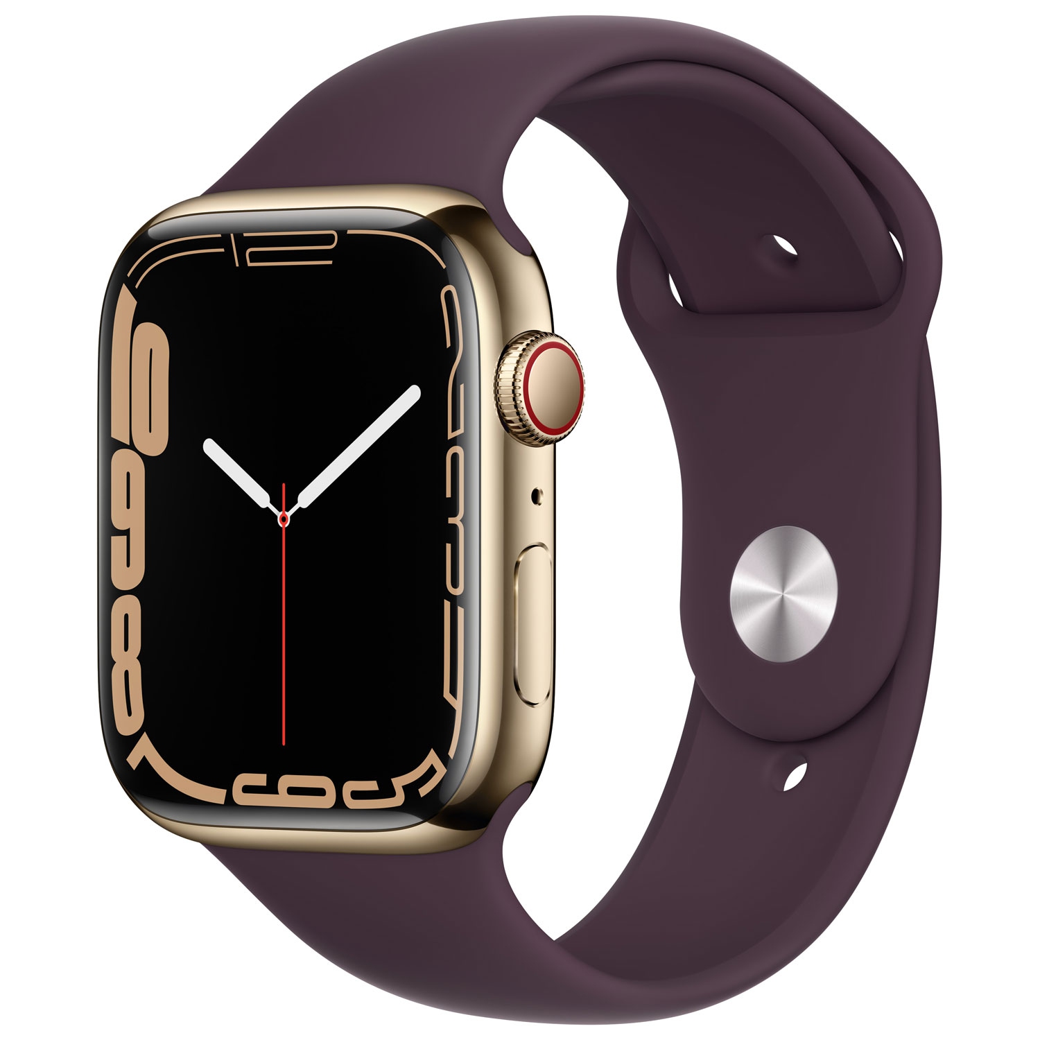 Remis à neuf - Apple Watch Series 7 (GPS + cellulaire) avec boîtier 45&nbsp;mm en acier inoxydable doré et bracelet sport cerisier foncé