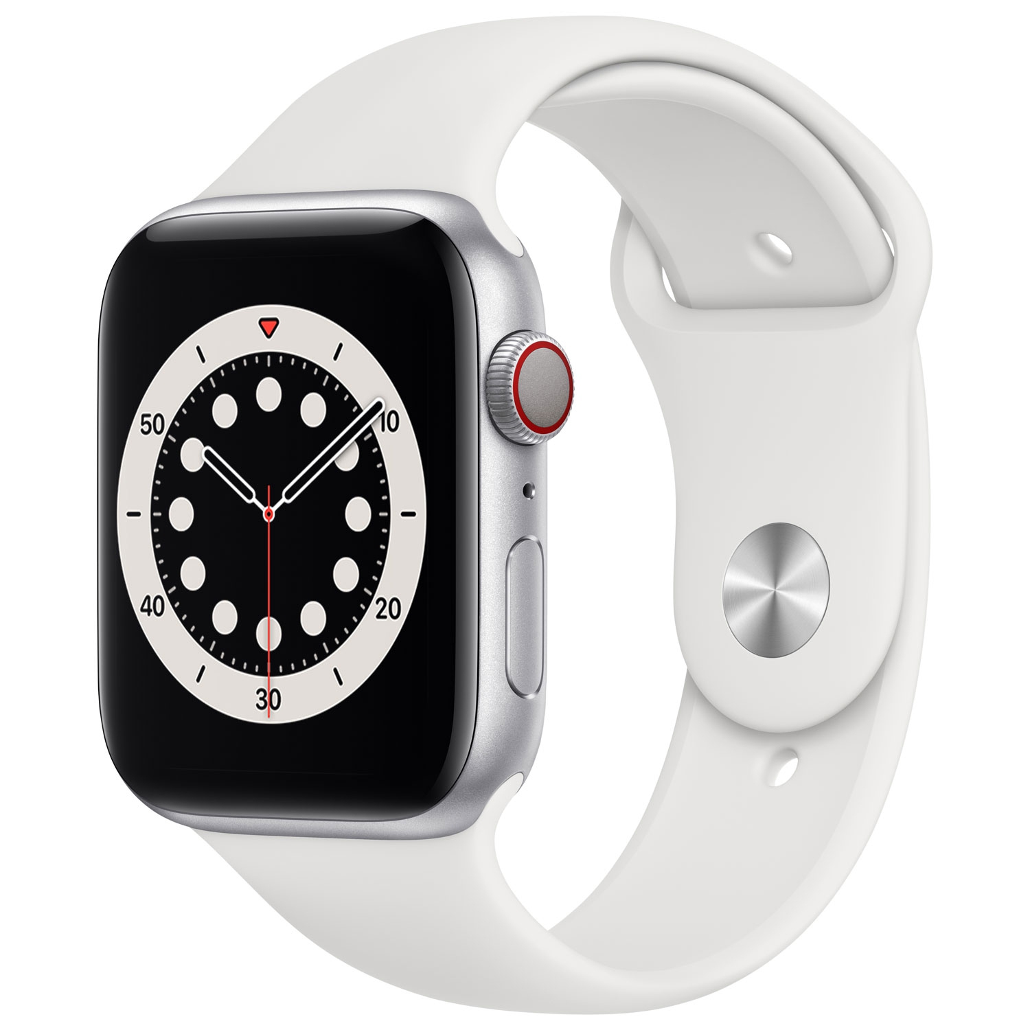Refurbished (Fair) - Apple Watch Series 6 (GPS + Cellular) 44mm Silver Aluminum Case with White Sport Band