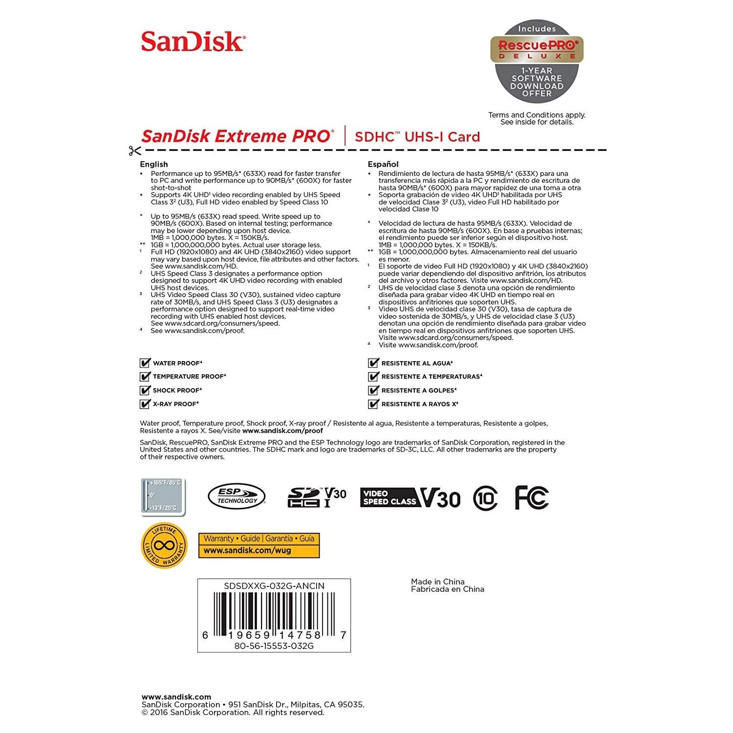 Paquet de 2 cartes mémoire SDHC Extreme PRO 32 Go de SanDisk