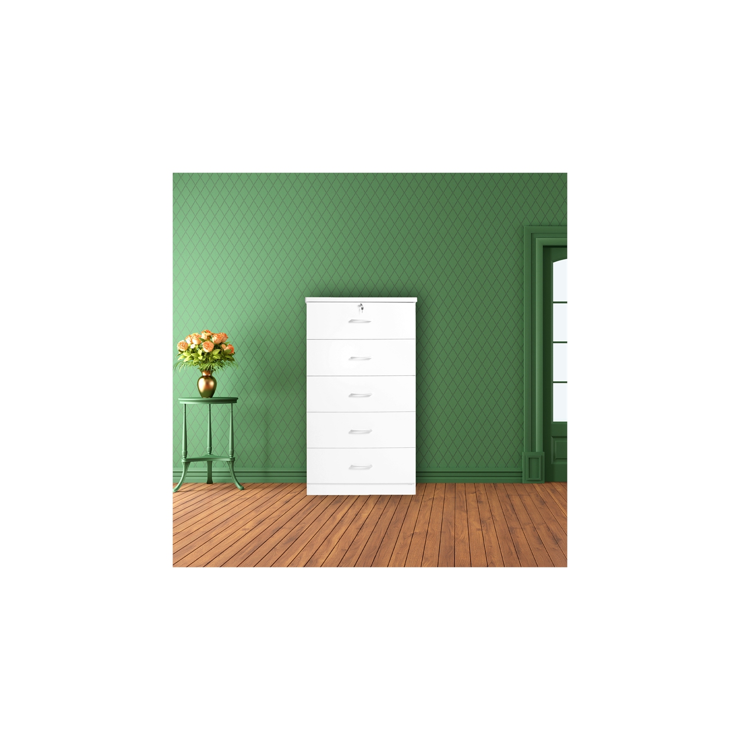 Better Home Products Olivia Wooden Tall 5 Drawer Chest Bedroom Dresser in White