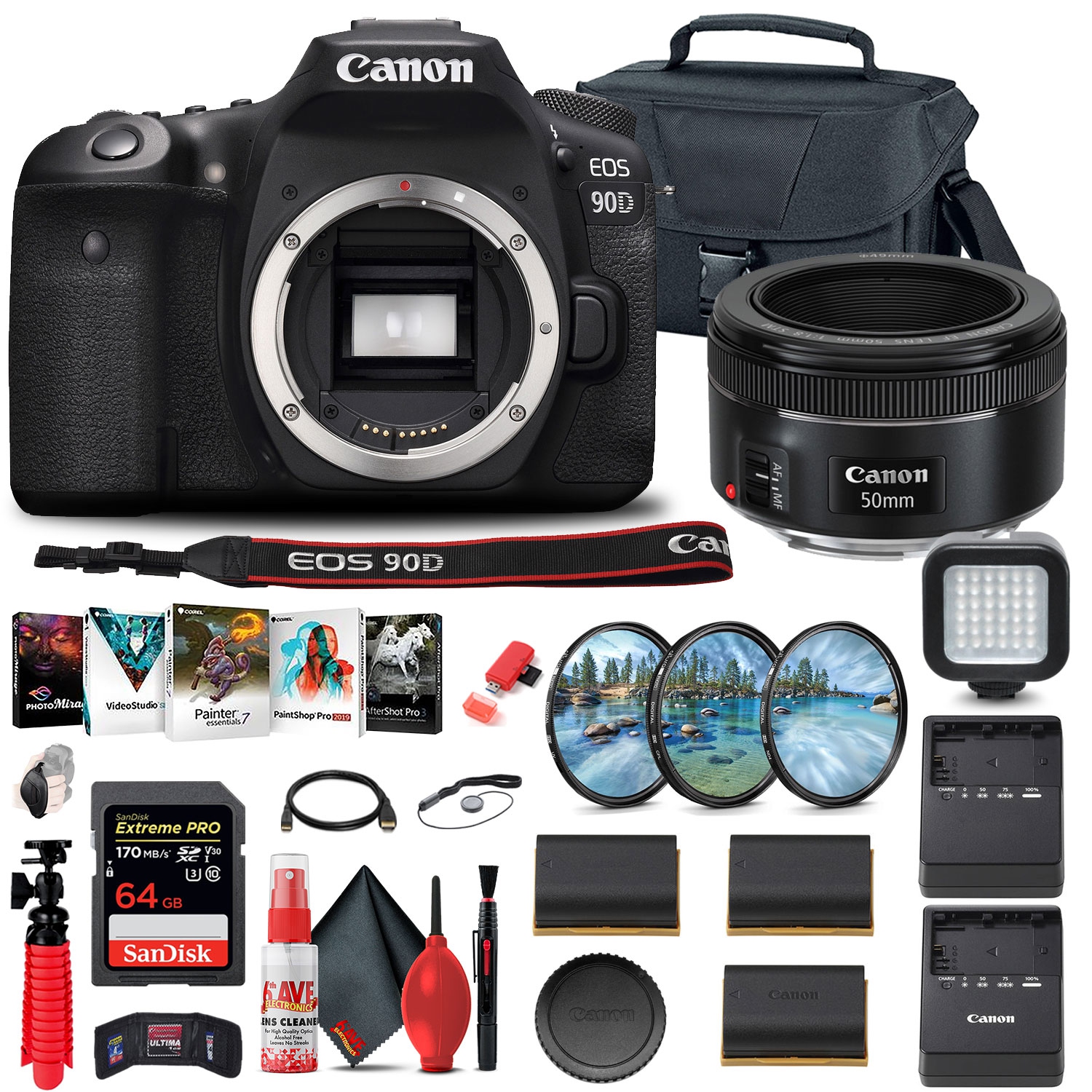 Canon EOS 90D DSLR Camera (3616C002) + Canon EF 50mm Lens Outdoor Bundle