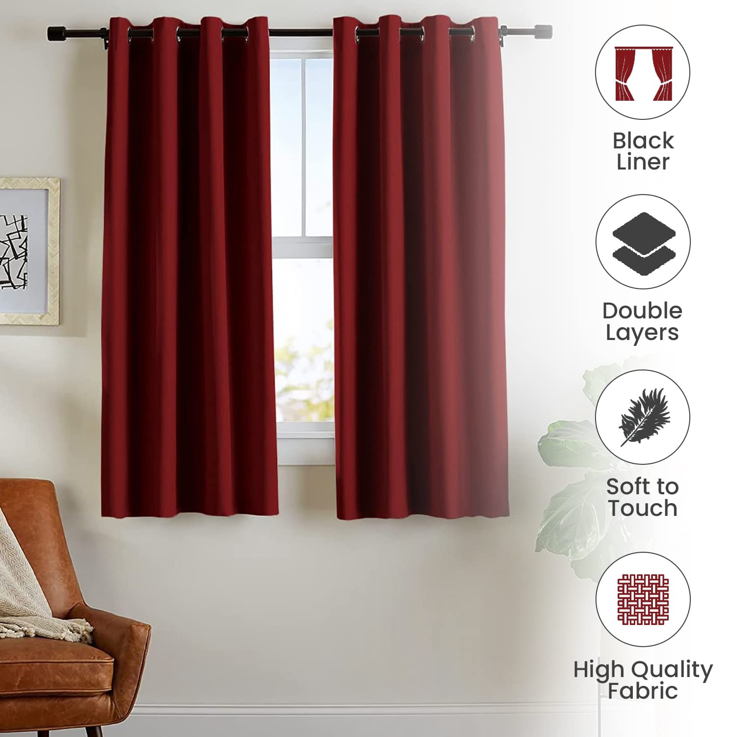 Canadian Linen Triple Weave Blackout Window Curtain, W 52" x L 63", 3 Layer Light Blocking 2 Panel No Noise Washable Polyester Ring Curtains, Red