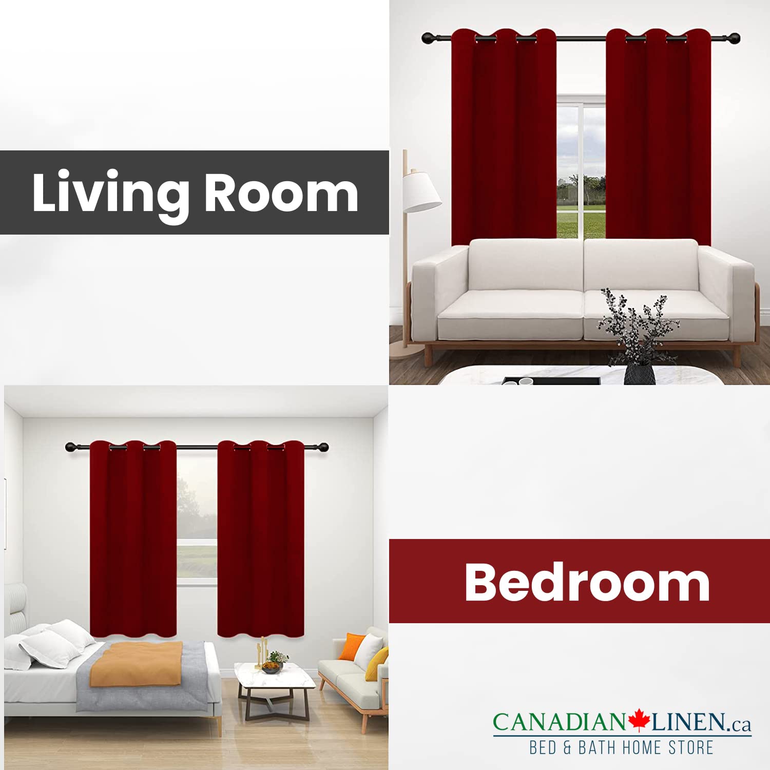 Canadian Linen Triple Weave Blackout Window Curtain, W 52" x L 63", 3 Layer Light Blocking 2 Panel No Noise Washable Polyester Ring Curtains, Red