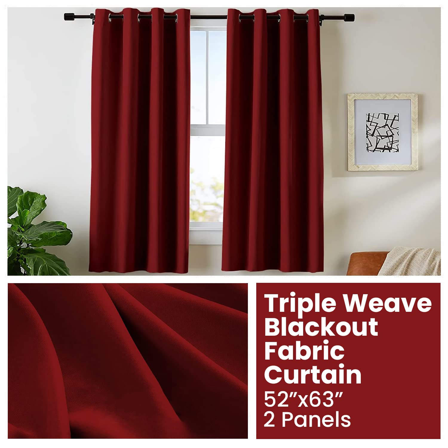 Canadian Linen Triple Weave Blackout Window Curtain, W 52" x L 63", 3 Layer Light Blocking 2 Panel No Noise Washable Polyester Ring Curtains, Red