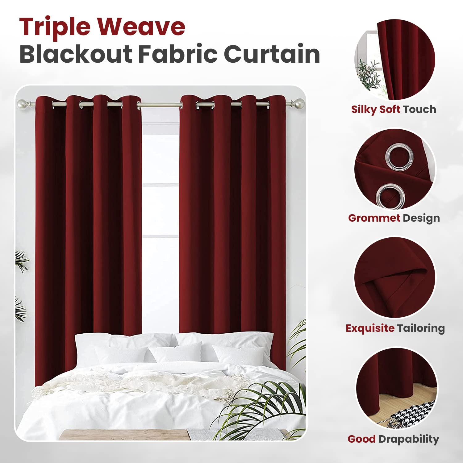 Canadian Linen Triple Weave Blackout Window Curtain, W 52" x L 63", 3 Layer Light Blocking 2 Panel No Noise Washable Polyester Ring Curtains, Red