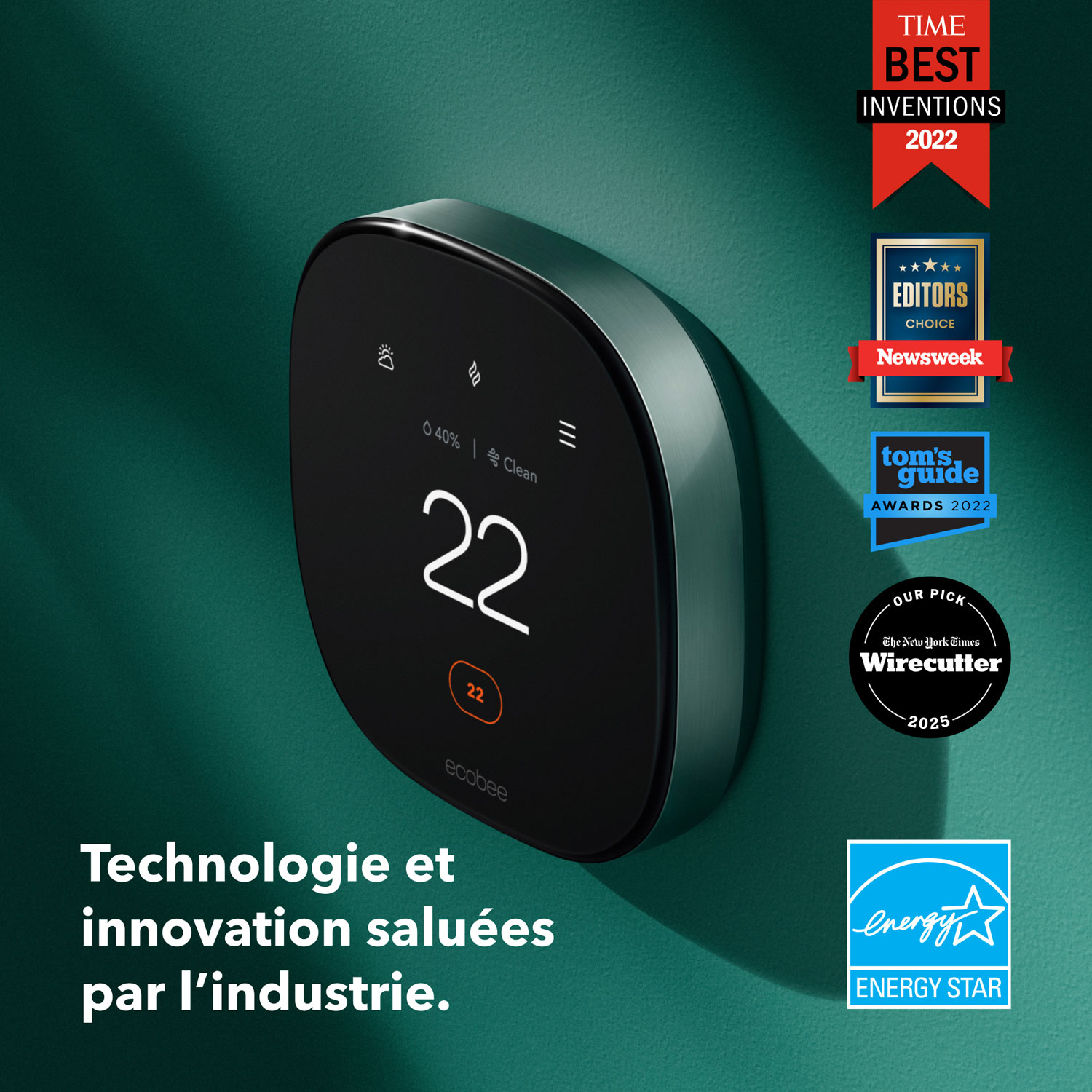 Thermostat intelligent Wi-Fi haut de gamme d'ecobee - Noir