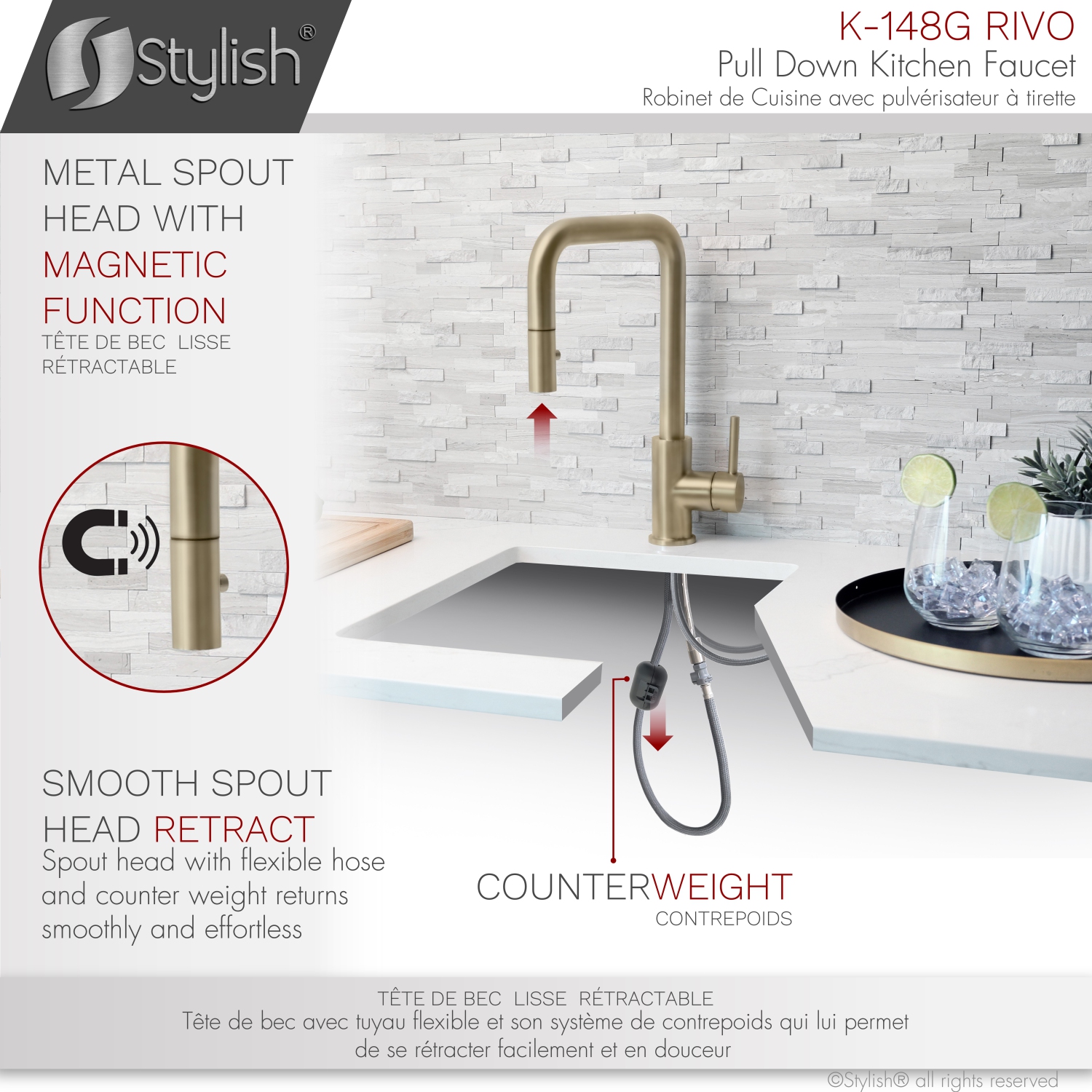 STYLISH Kitchen Sink Faucet Single Handle Pull Down Dual Mode Stainless Steel Golden finish K-148G