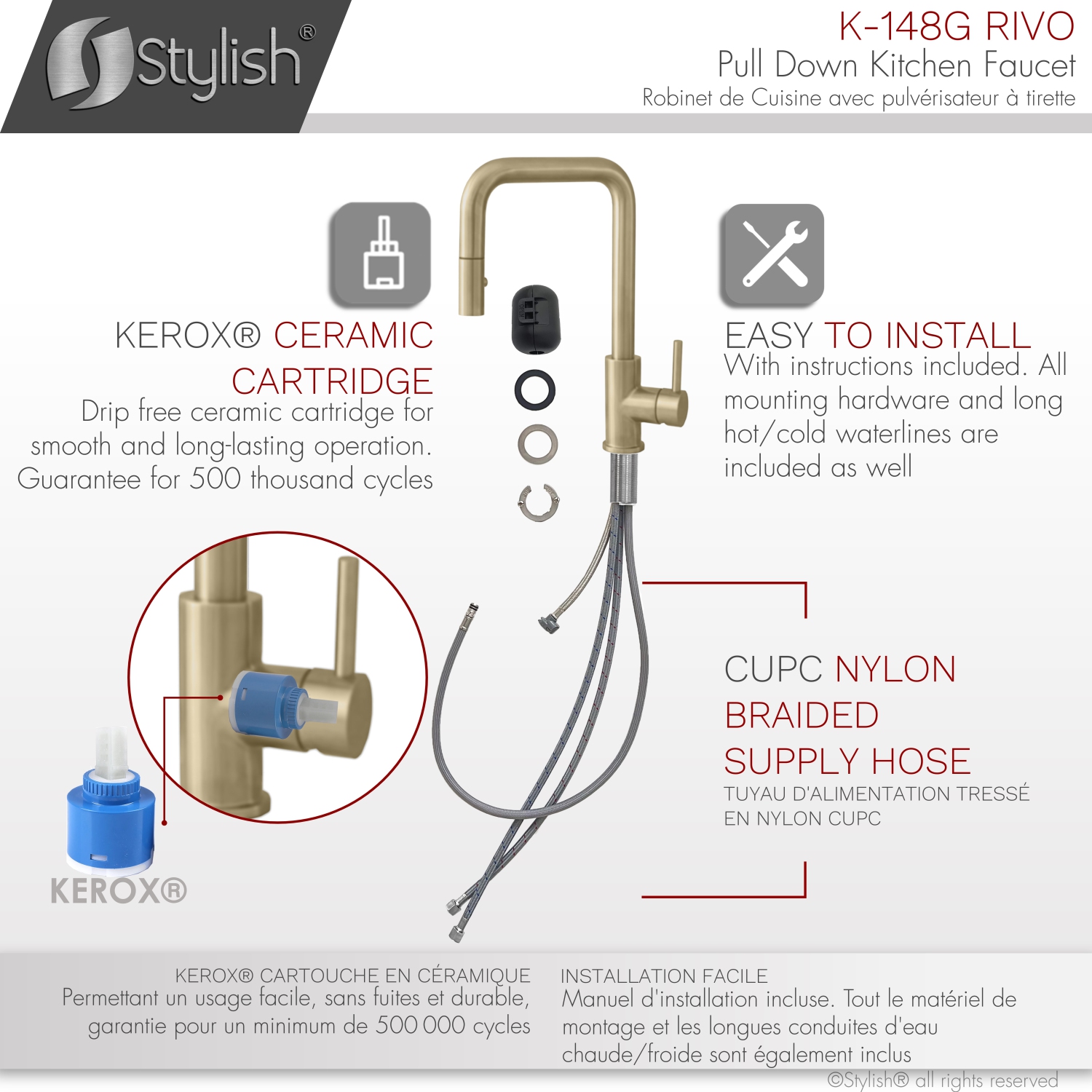 STYLISH Kitchen Sink Faucet Single Handle Pull Down Dual Mode Stainless Steel Golden finish K-148G