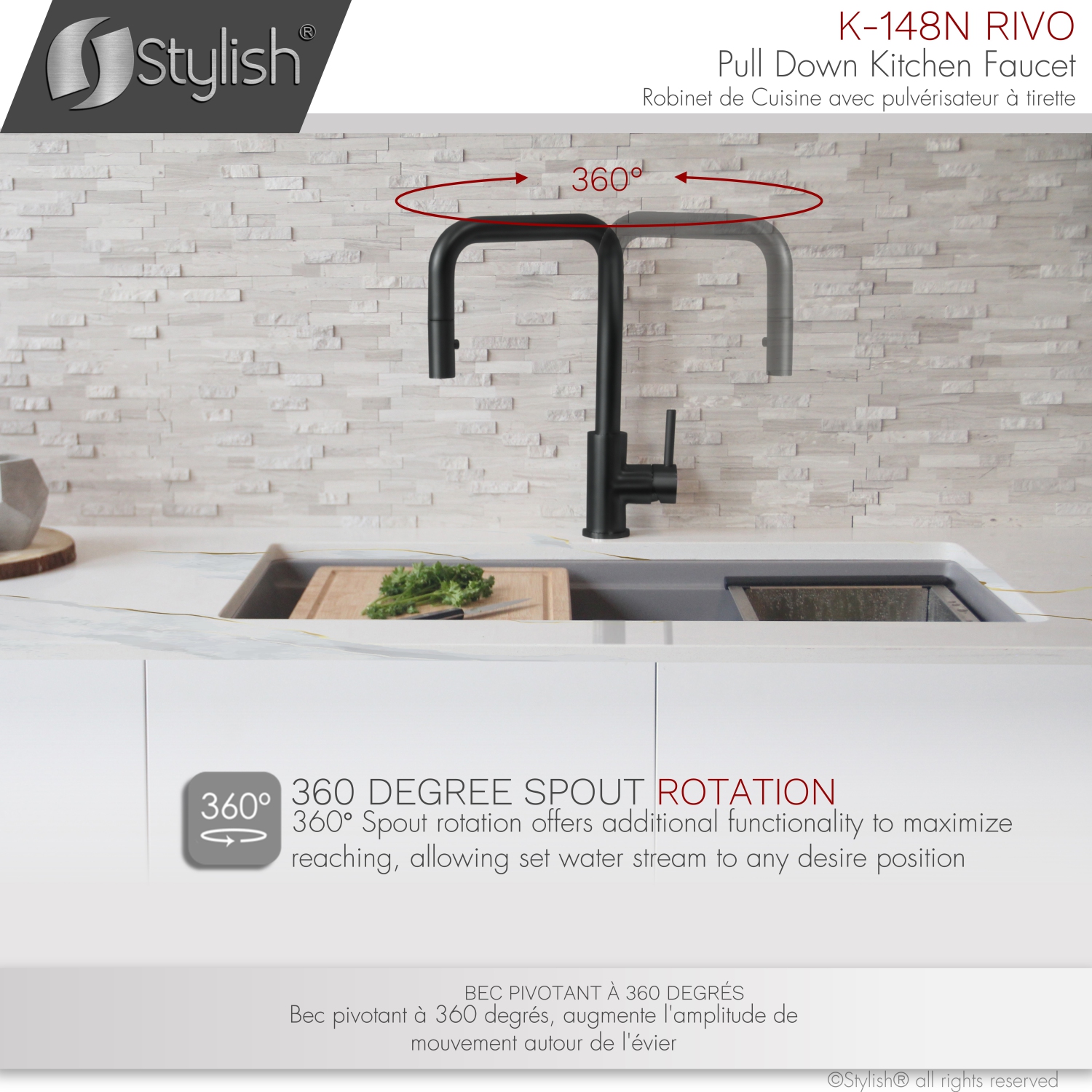 STYLISH Kitchen Sink Faucet Single Handle Pull Down Dual Mode Stainless Steel Matte Black finish K-148N