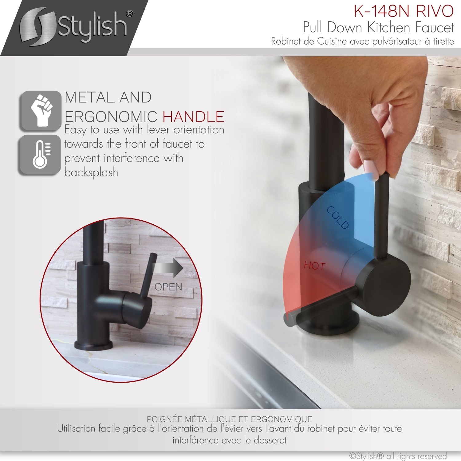 STYLISH Kitchen Sink Faucet Single Handle Pull Down Dual Mode Stainless Steel Matte Black finish K-148N