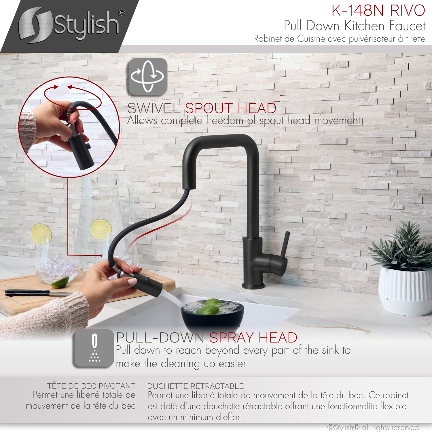 STYLISH Kitchen Sink Faucet Single Handle Pull Down Dual Mode Stainless Steel Matte Black finish K-148N