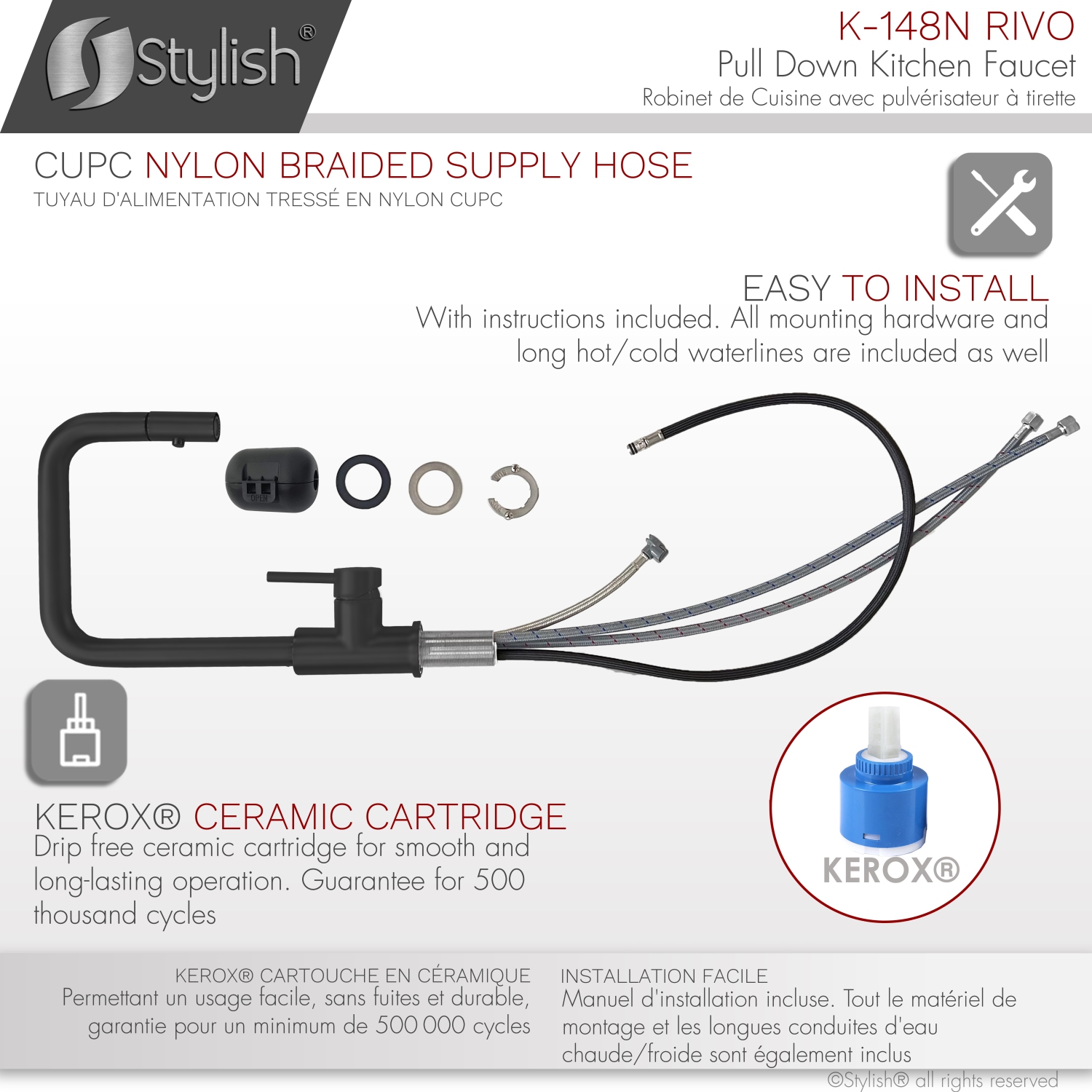 STYLISH Kitchen Sink Faucet Single Handle Pull Down Dual Mode Stainless Steel Matte Black finish K-148N