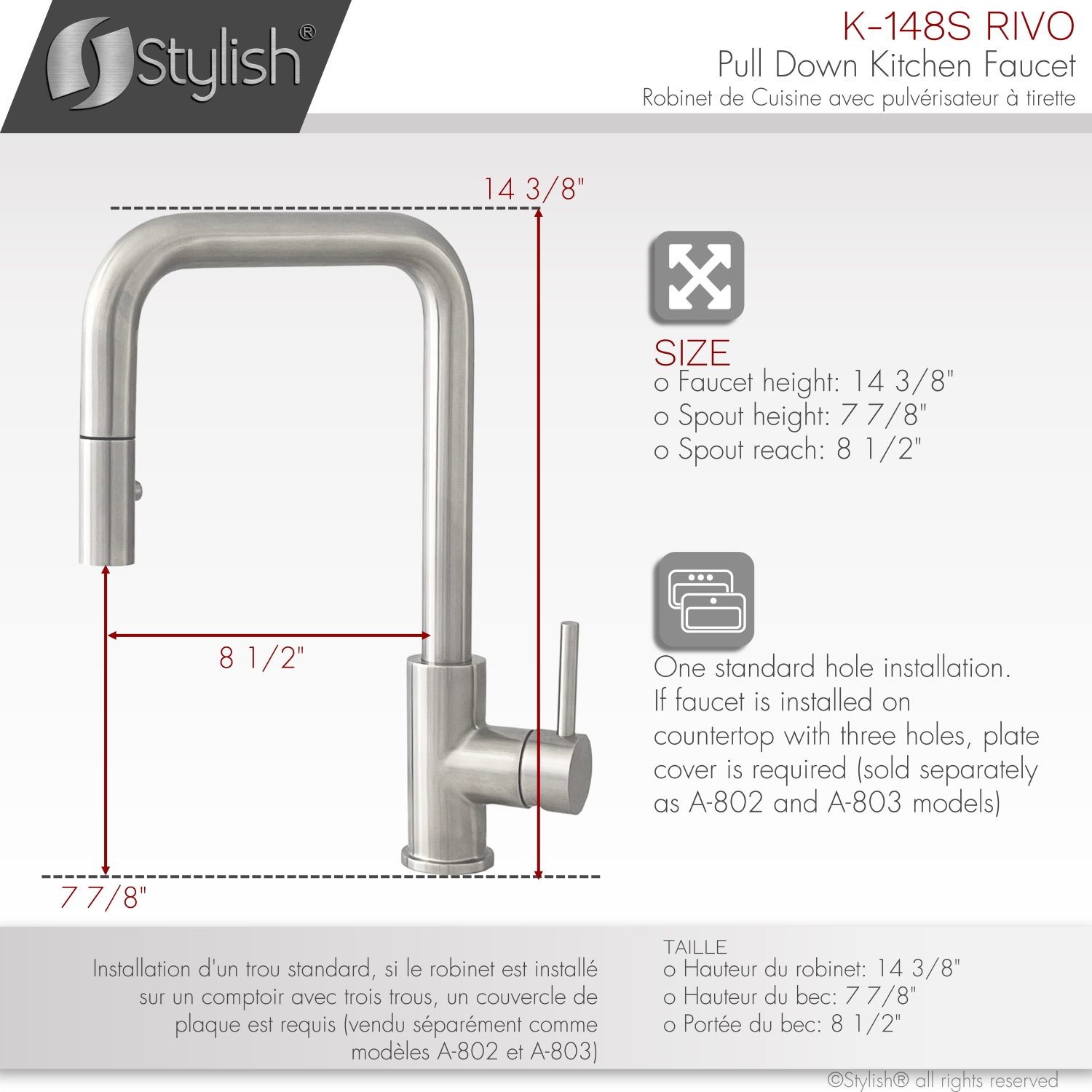 STYLISH Kitchen Sink Faucet Single Handle Pull Down Dual Mode Stainless Steel Brushed finish K-148S