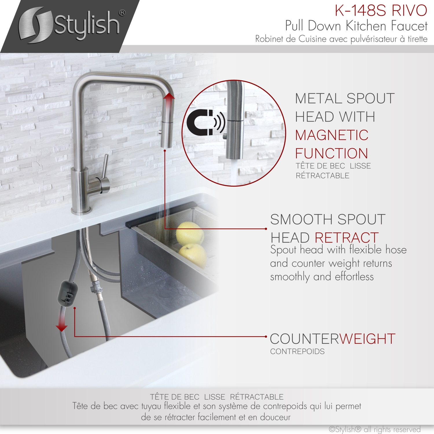 STYLISH Kitchen Sink Faucet Single Handle Pull Down Dual Mode Stainless Steel Brushed finish K-148S