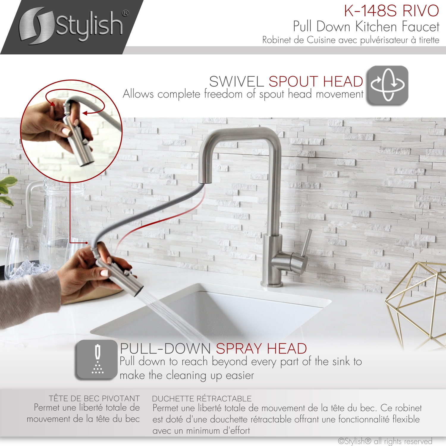 STYLISH Kitchen Sink Faucet Single Handle Pull Down Dual Mode Stainless Steel Brushed finish K-148S