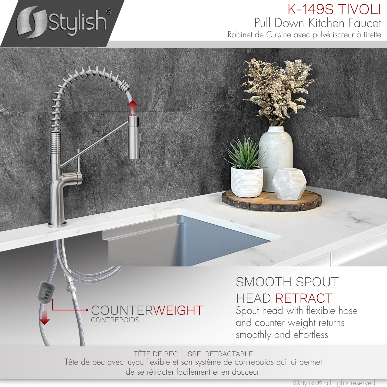 STYLISH Stainless Steel Single Handle Pull Down Sprayer Kitchen Faucet in Stainless Steel Brushed finish K-149S