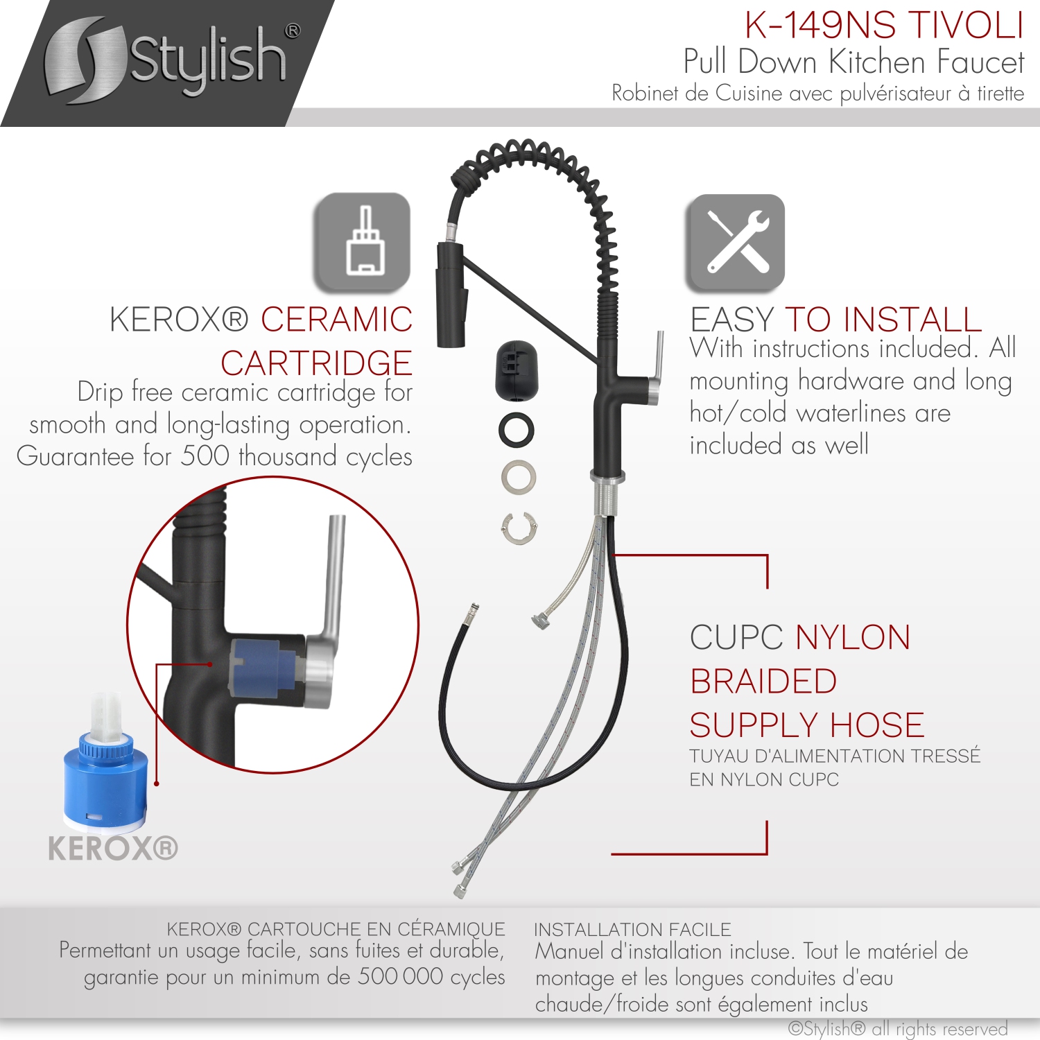 STYLISH Stainless Steel Single Handle Pull Down Sprayer Kitchen Faucet in Matte Black/Brushed Finish K-149NS