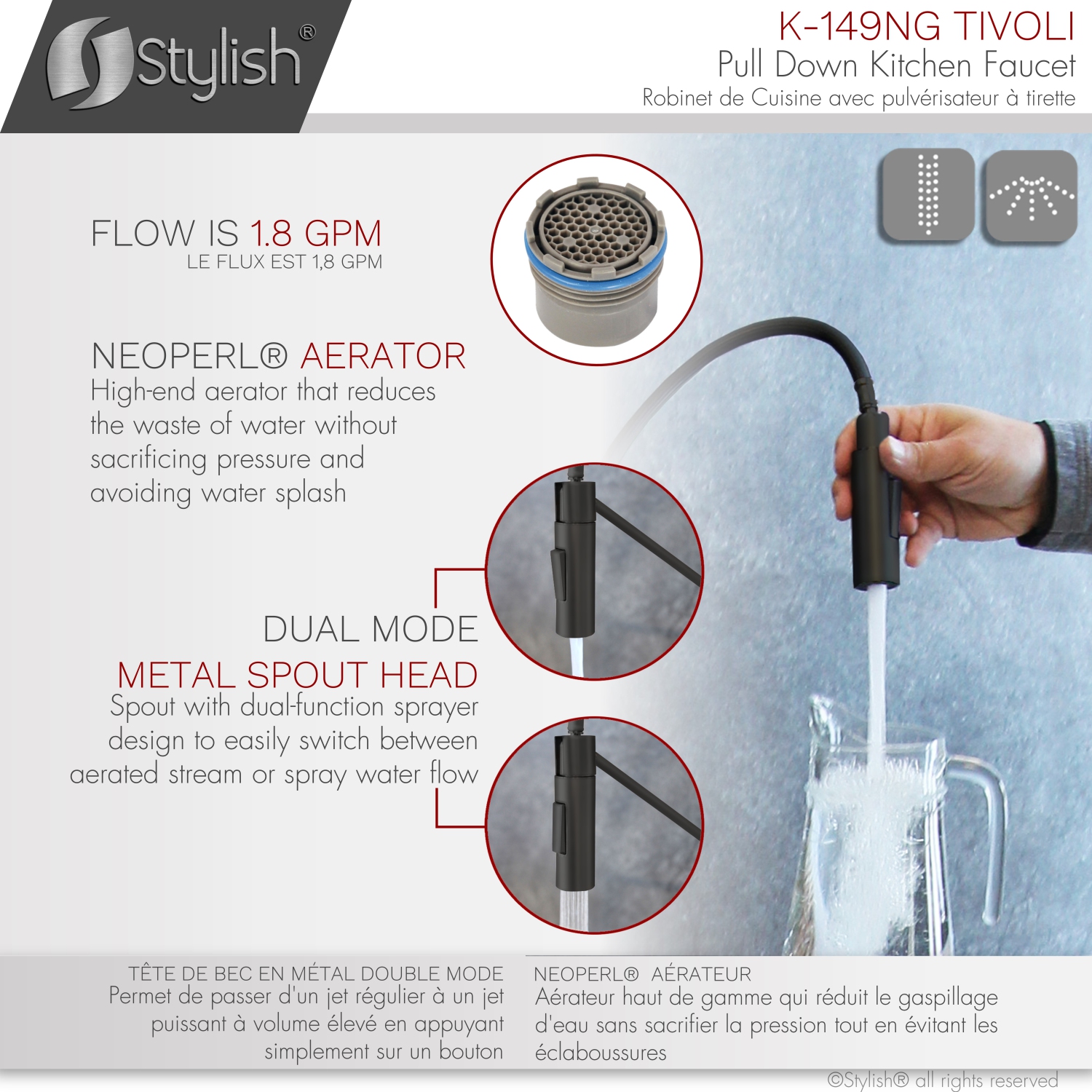 STYLISH Stainless Steel Single Handle Pull Down Sprayer Kitchen Faucet in Matte Black/Gold Finish K-149NG