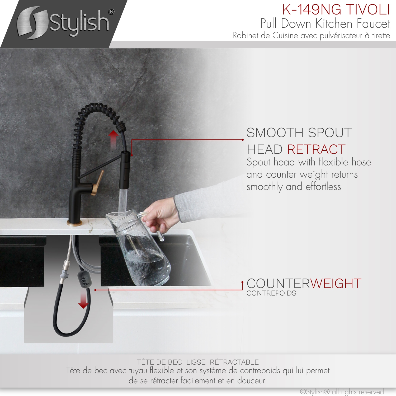 STYLISH Stainless Steel Single Handle Pull Down Sprayer Kitchen Faucet in Matte Black/Gold Finish K-149NG