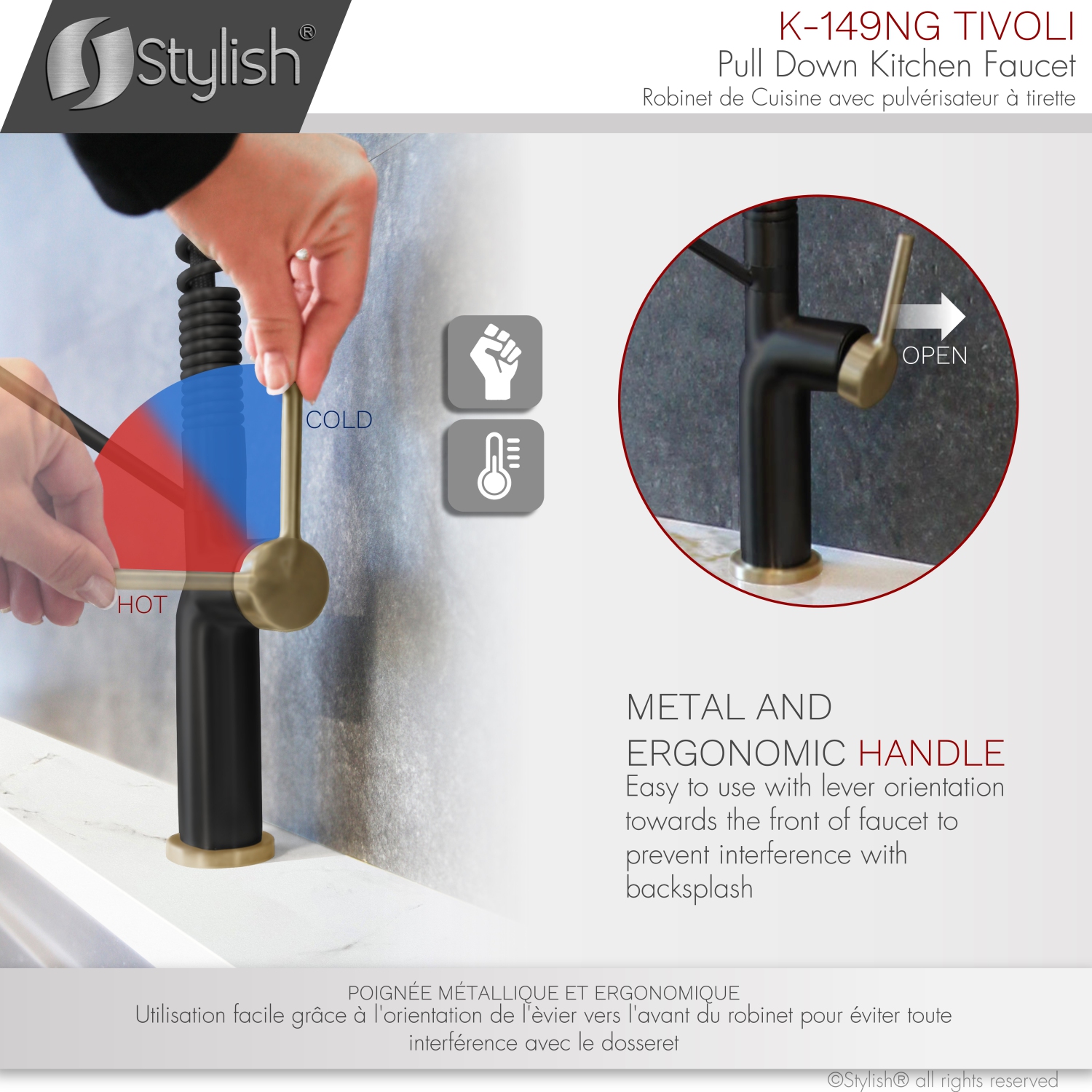 STYLISH Stainless Steel Single Handle Pull Down Sprayer Kitchen Faucet in Matte Black/Gold Finish K-149NG