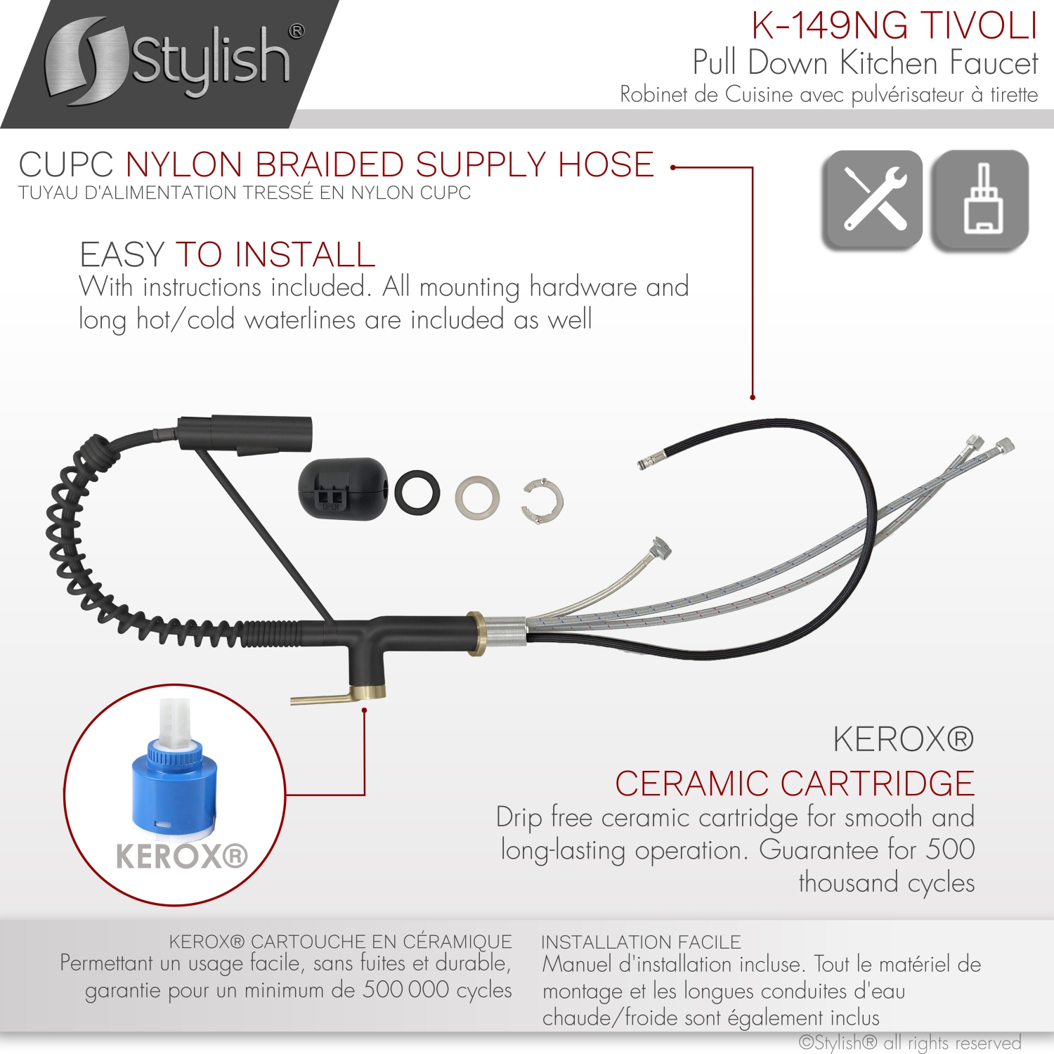 STYLISH Stainless Steel Single Handle Pull Down Sprayer Kitchen Faucet in Matte Black/Gold Finish K-149NG