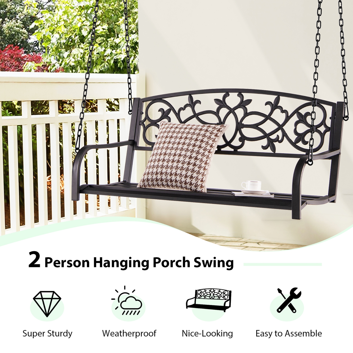 Costway 2-Person Metal Outdoor Porch Swing Hanging Patio Bench 485 Lbs Capacity Black\Brown