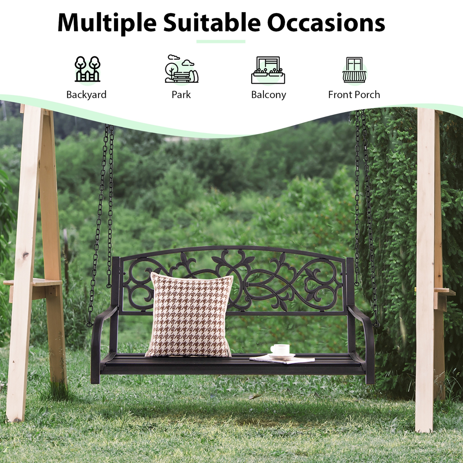 Costway 2-Person Metal Outdoor Porch Swing Hanging Patio Bench 485 Lbs Capacity Black\Brown