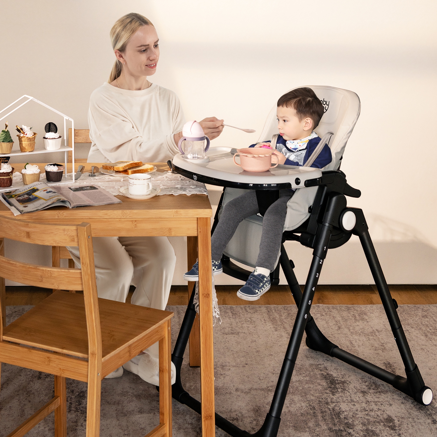 Babyjoy 4-in-1 Foldable Baby High Chair Height Adjustable Feeding Chair w/ Wheels